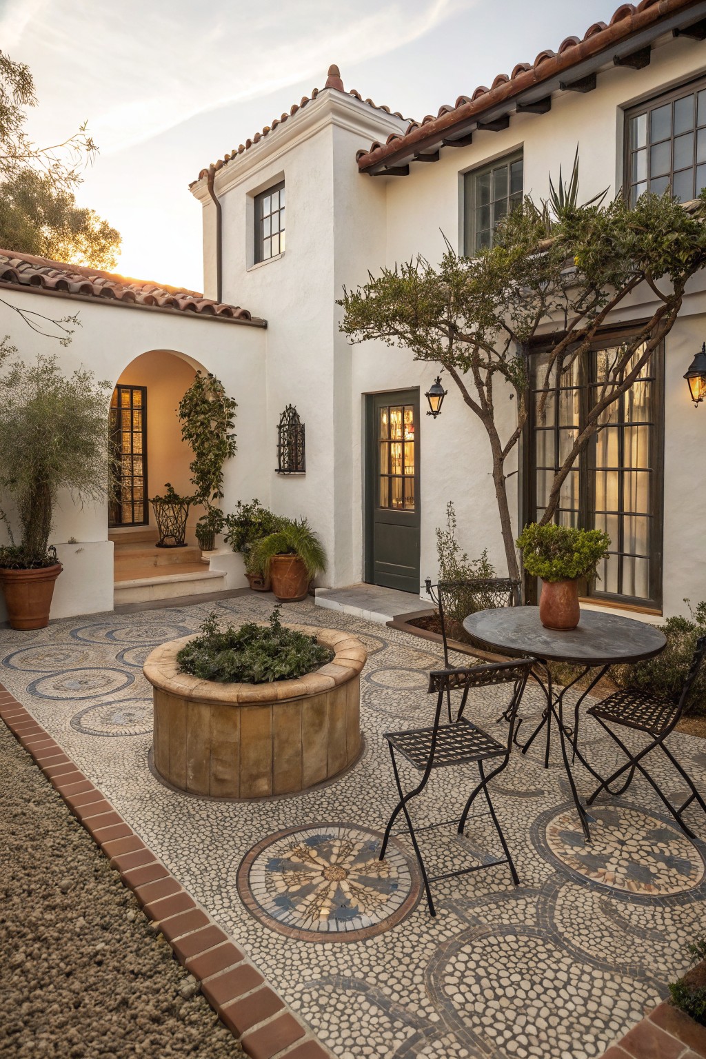White stucco courtyard patio with arched entry, green door, large windows, olive trees, potted succulents, iron table and chairs on circular mosaic pebble flooring surrounding a central wood planter.