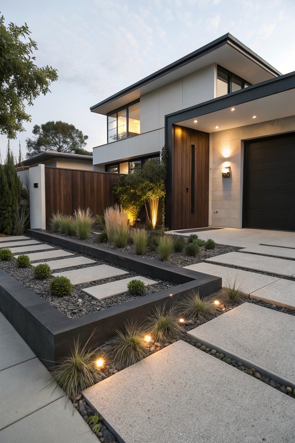 Modern house facade with front yard featuring raised black-edged planting beds filled with gravel, ornamental grasses, boxwood shrubs, concrete paver pathway, and ground lighting.