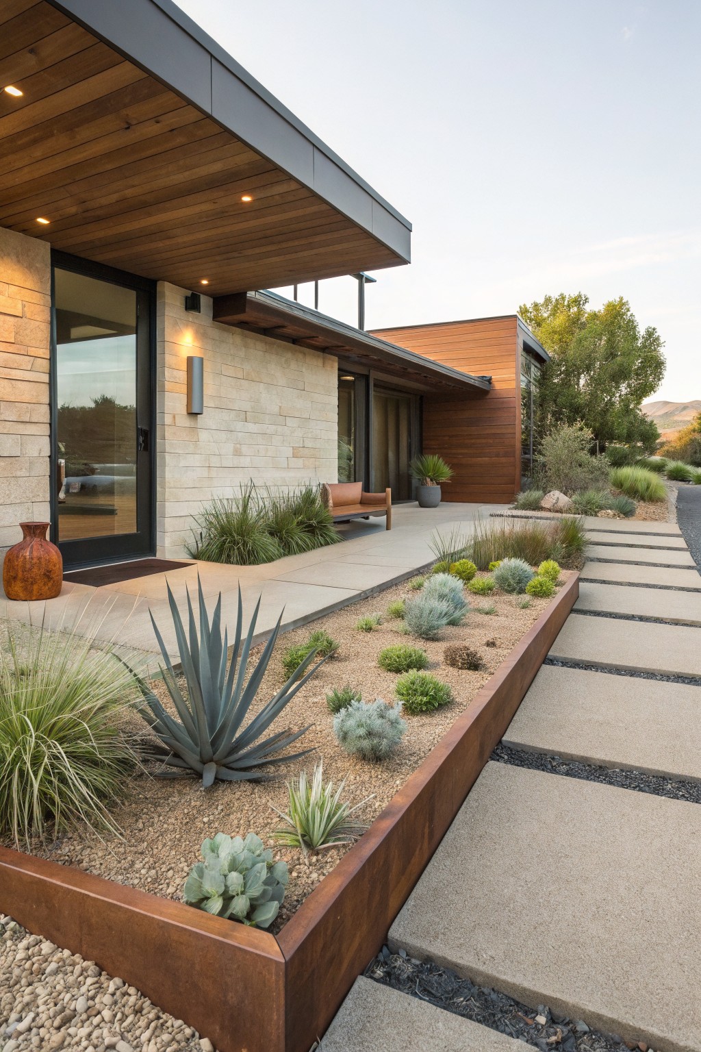 Modern house exterior with stone and wood facade, featuring a raised corten steel garden bed of drought-tolerant succulents, agaves, grasses, and gravel along a concrete paver pathway to the entry door.