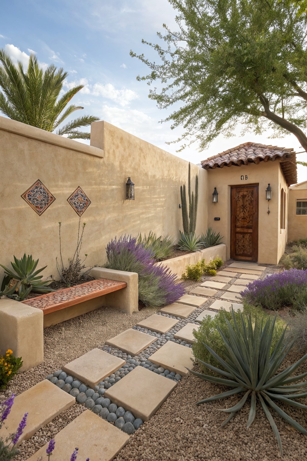 Beige stucco courtyard wall with decorative tiles and lanterns framing a carved wooden door, accessed by a path of square beige stone pavers set in light gravel and bordered by lavender bushes, agave plants, succulents, and a tiled wooden bench.