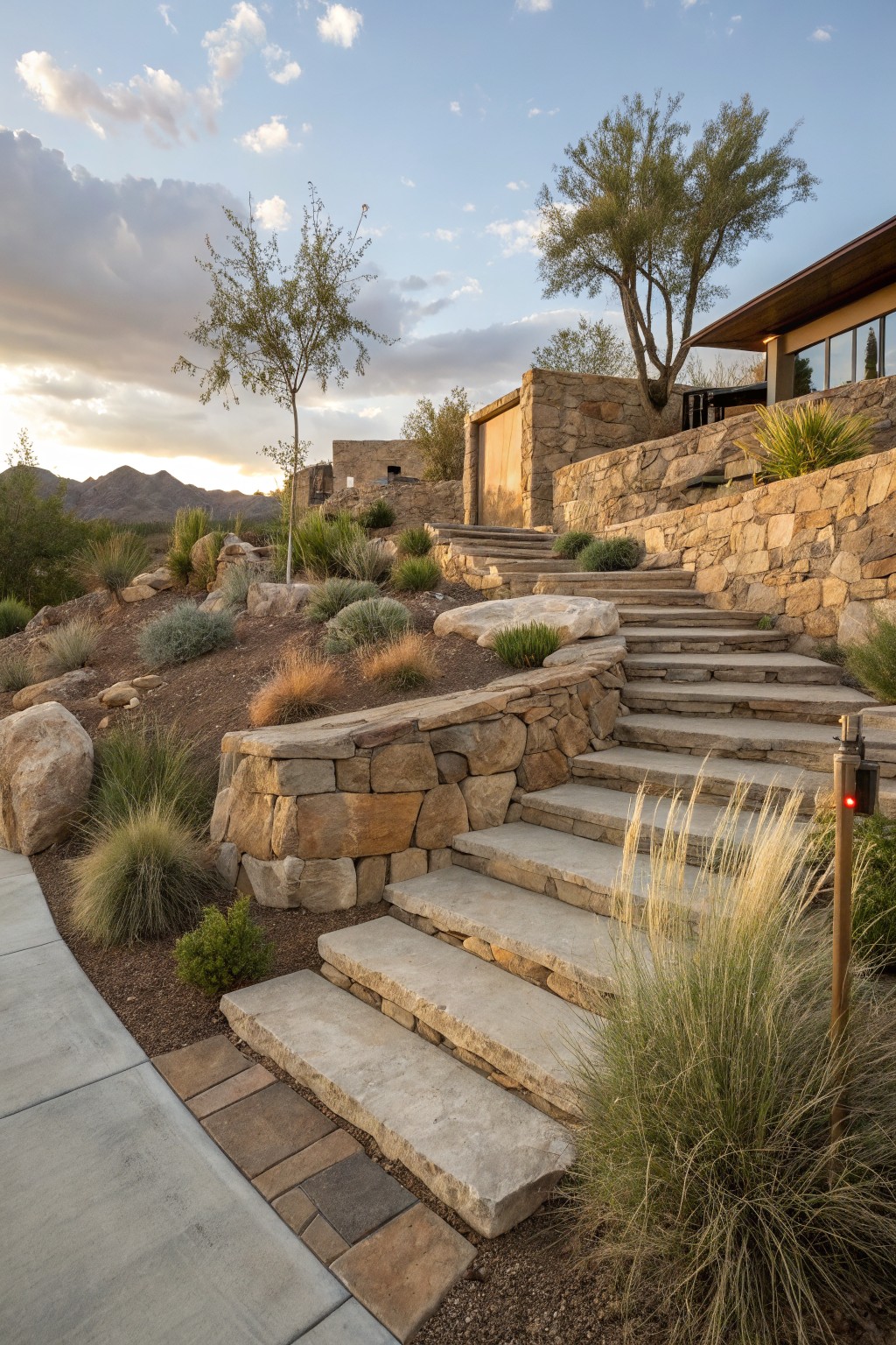 Wide flagstone steps ascend a terraced slope with stone retaining walls, large boulders, and drought-tolerant grasses and shrubs beside a modern house in a desert landscape at sunset.