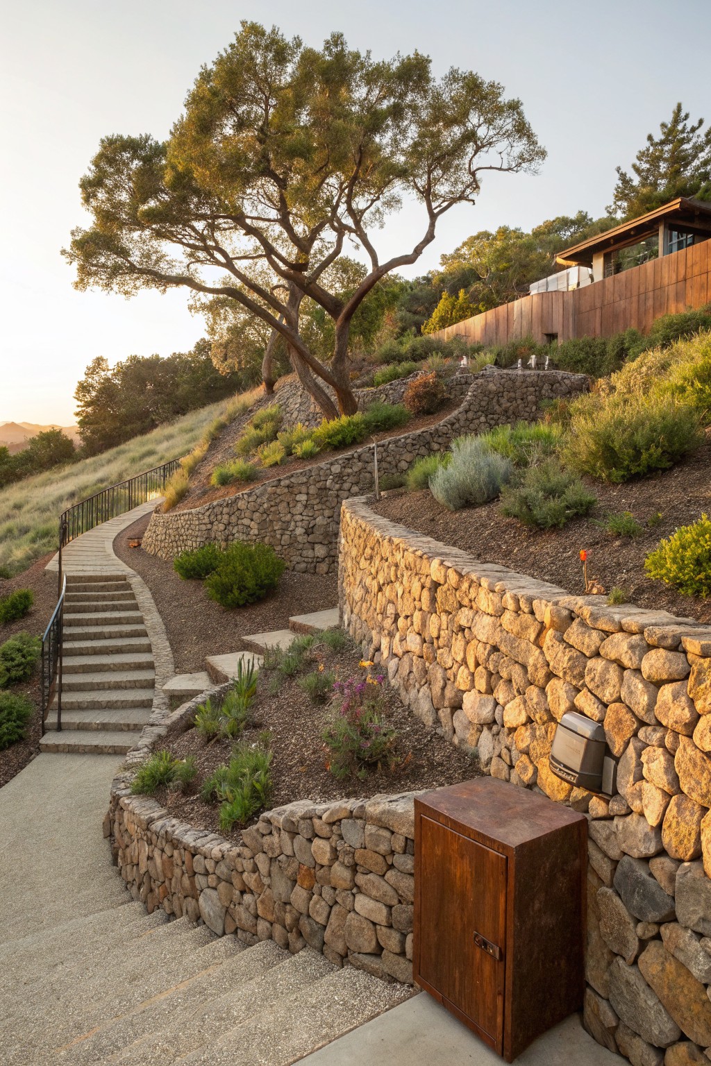 Hillside with multiple terraced dry-stacked stone retaining walls planted with shrubs and grasses, concrete steps with black metal railings leading up to a modern wood-clad house, golden hour lighting.