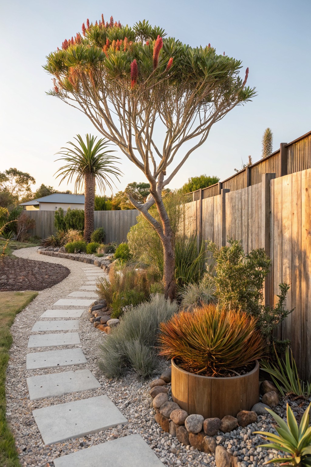 Winding gravel pathway edged with white rectangular stepping stones and surrounded by drought-tolerant succulents, grasses, palms, and a large potted plant in a garden with wooden fencing.
