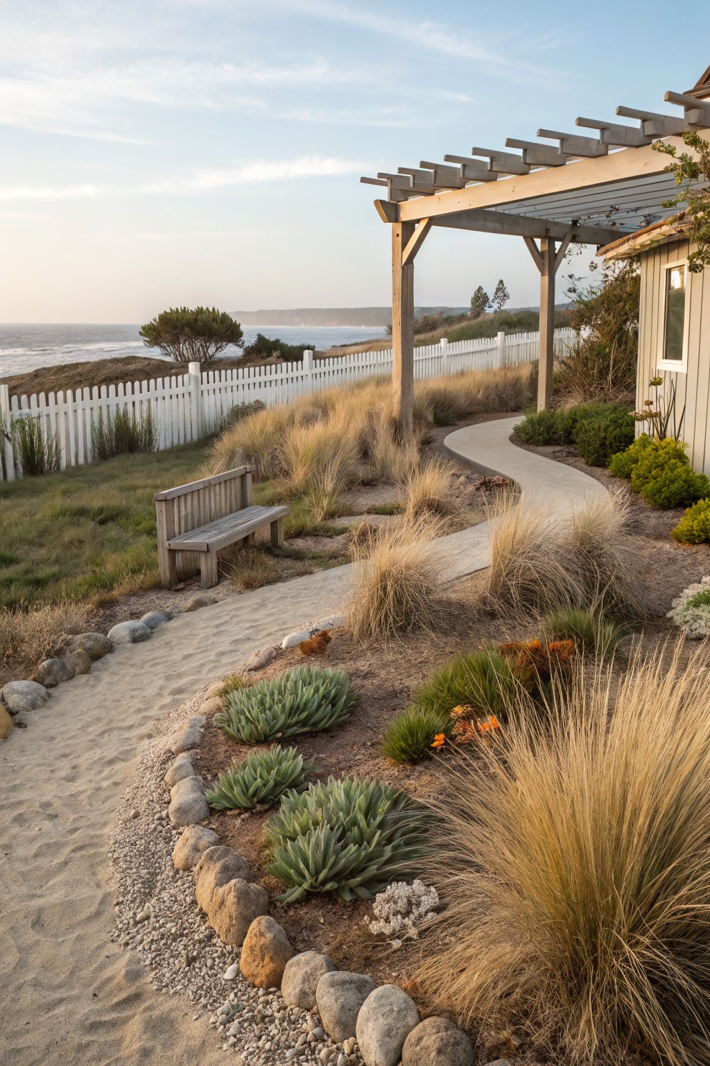 Curving sand pathway bordered by rocks and drought-tolerant grasses, succulents, and agaves, leading past a wooden bench toward a pergola-shaded house area with white picket fence and ocean view.