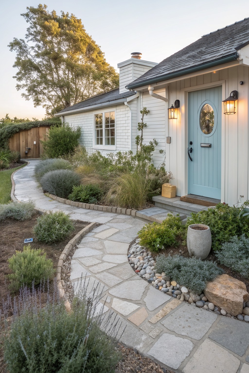 Curved flagstone pathway winding through a front yard garden bed filled with drought-tolerant shrubs, grasses, lavender, gravel mulch, and rocks, leading to a light blue front door on a white house with lanterns.