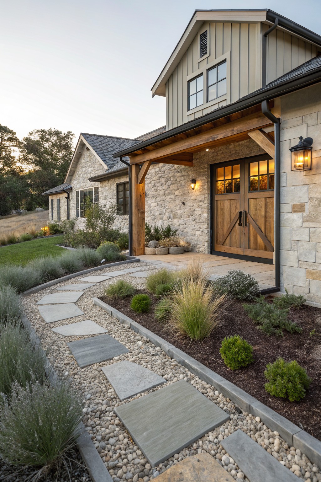 Curved irregular stone slab pathway edged with lavender, ornamental grasses, and gravel beds leading to the front entry of a stone and wood house with wooden double doors and lanterns.