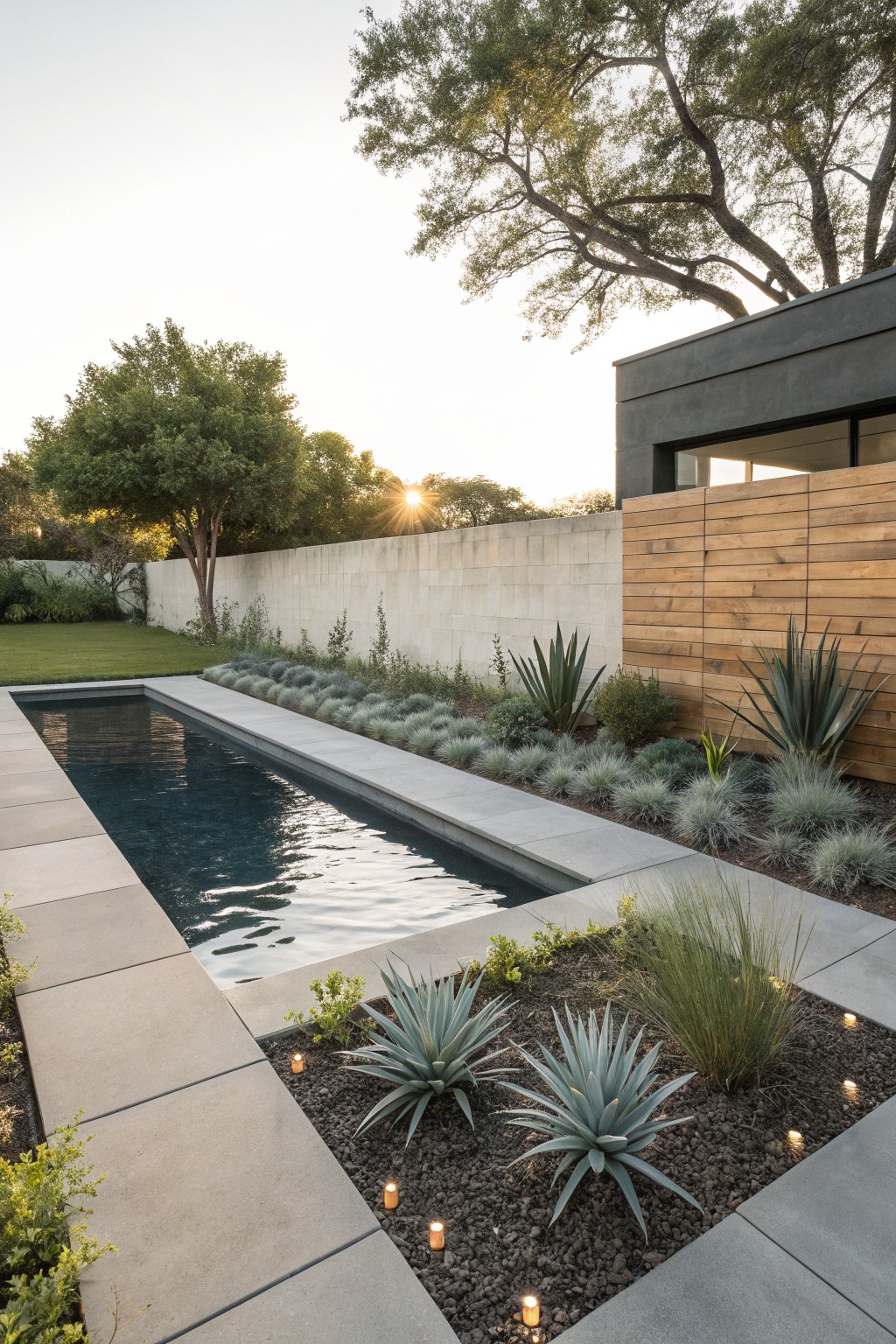Narrow dark pool with concrete surround bordered by agave plants, ornamental grasses, and gravel mulch next to a wooden screen fence and stucco wall in a backyard.