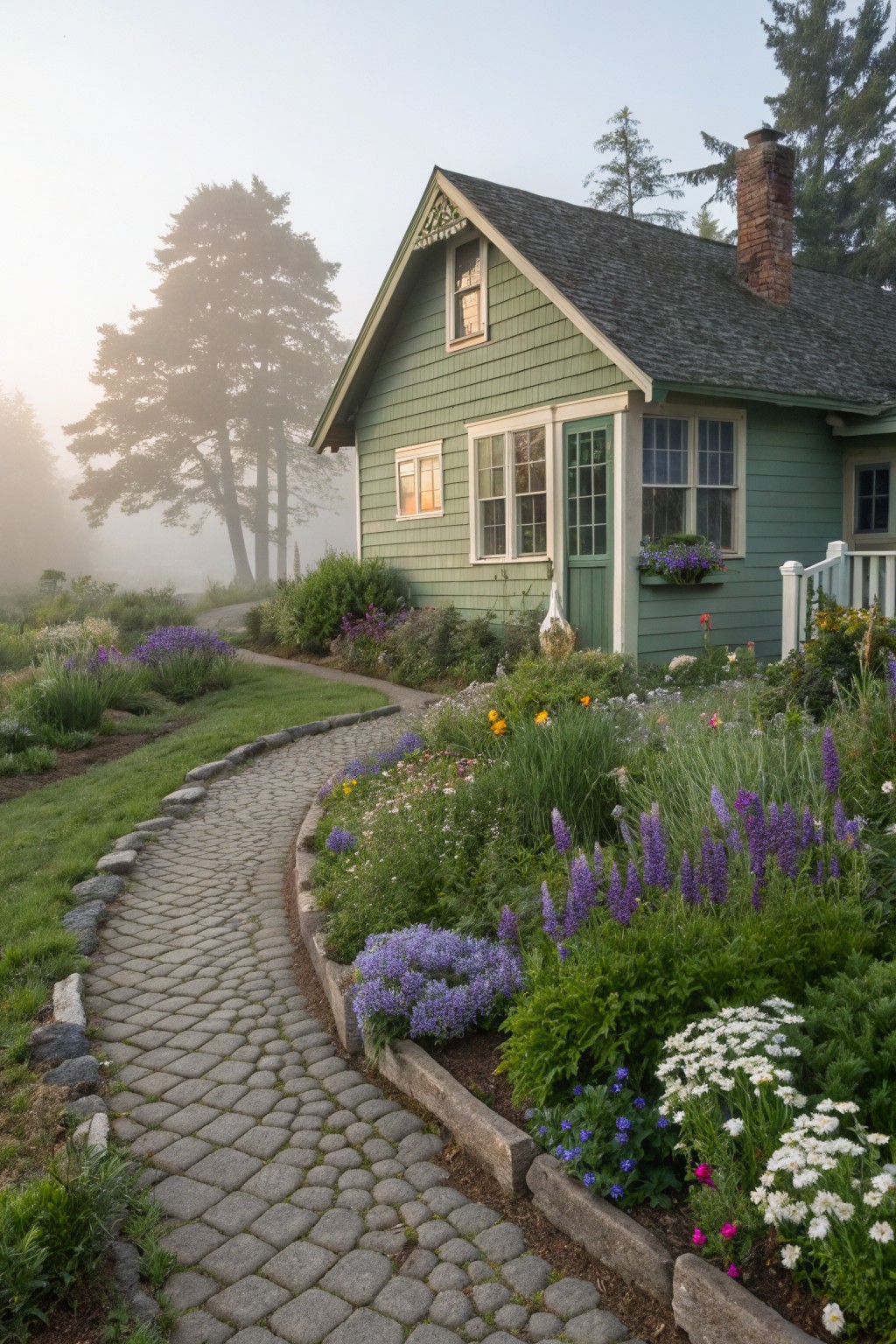 Green shingled cottage with a curved cobblestone pathway bordered by raised timber flower beds containing lavender, daisies, and other perennials, amid trees in morning mist.