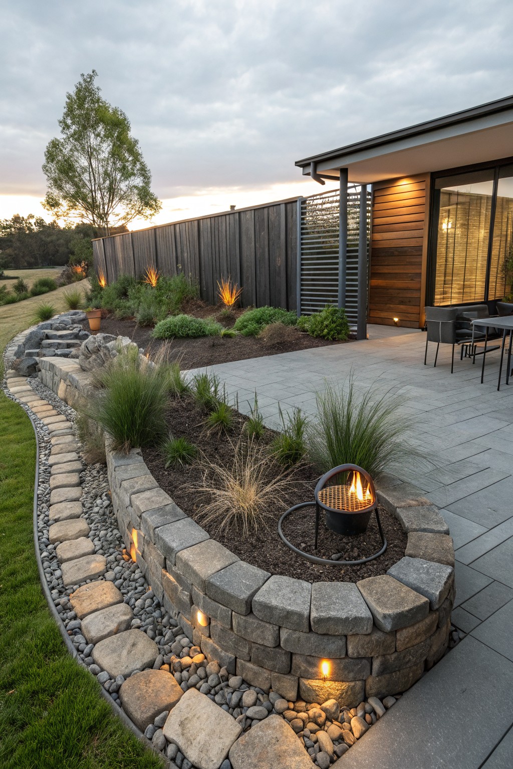 Curved stone retaining wall with integrated lighting and ornamental grasses forms a flower bed border adjacent to a paved outdoor patio area, including a fire bowl and steps leading to a modern house.
