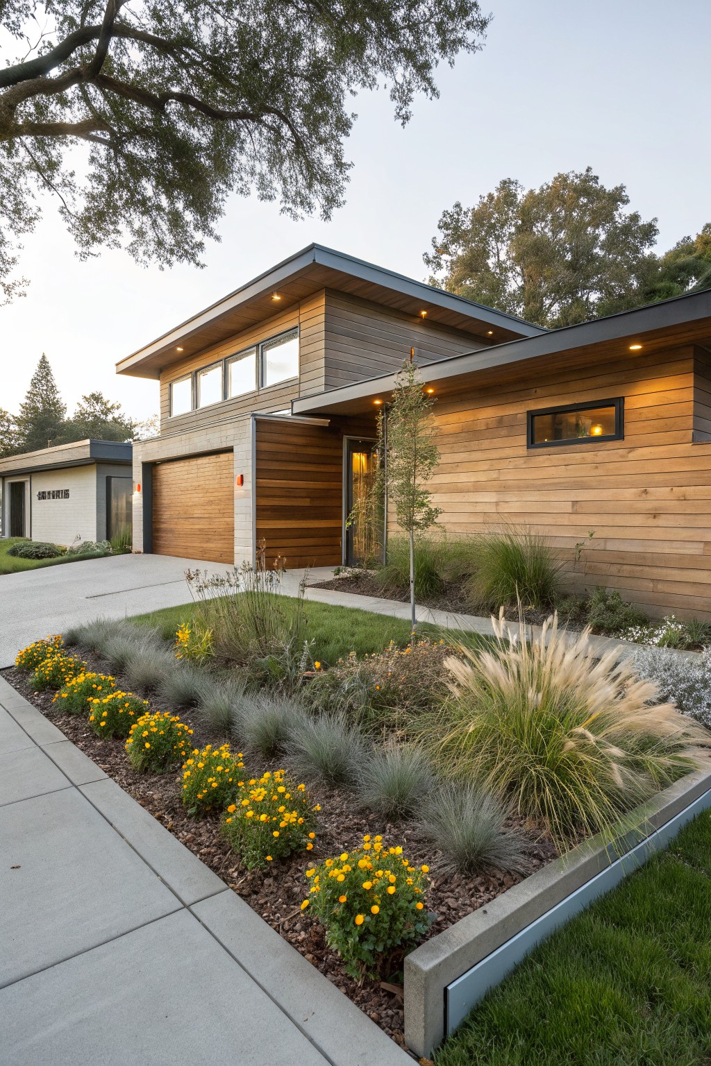 Driveway alongside a modern house edged by linear flower beds with yellow flowers, ornamental grasses, mulch, and concrete borders.