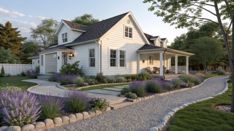 22 Easy Flower Bed Border Ideas for Low Maintenance Landscaping White clapboard house with wraparound porch and dark wood door, fronted by a curved gravel pathway edged in stone blocks and bordered by lavender and ornamental grasses.