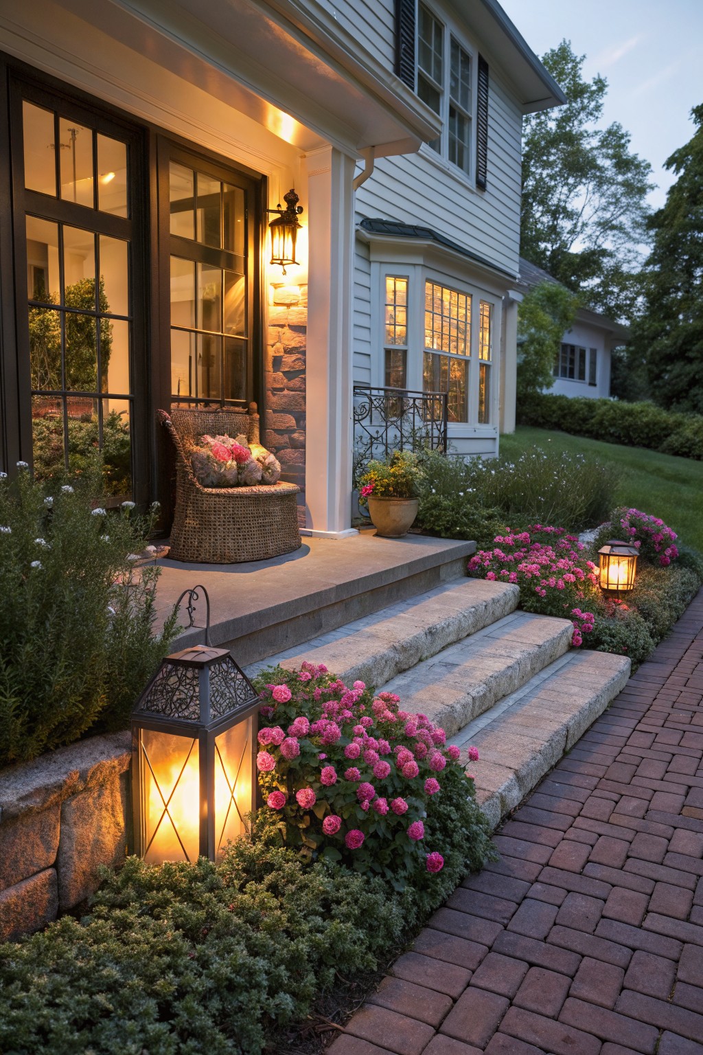 House entrance with stone steps bordered by pink flowers, green shrubs, and lanterns beside a brick path, porch with wicker chair holding flower clusters, and warm evening light.