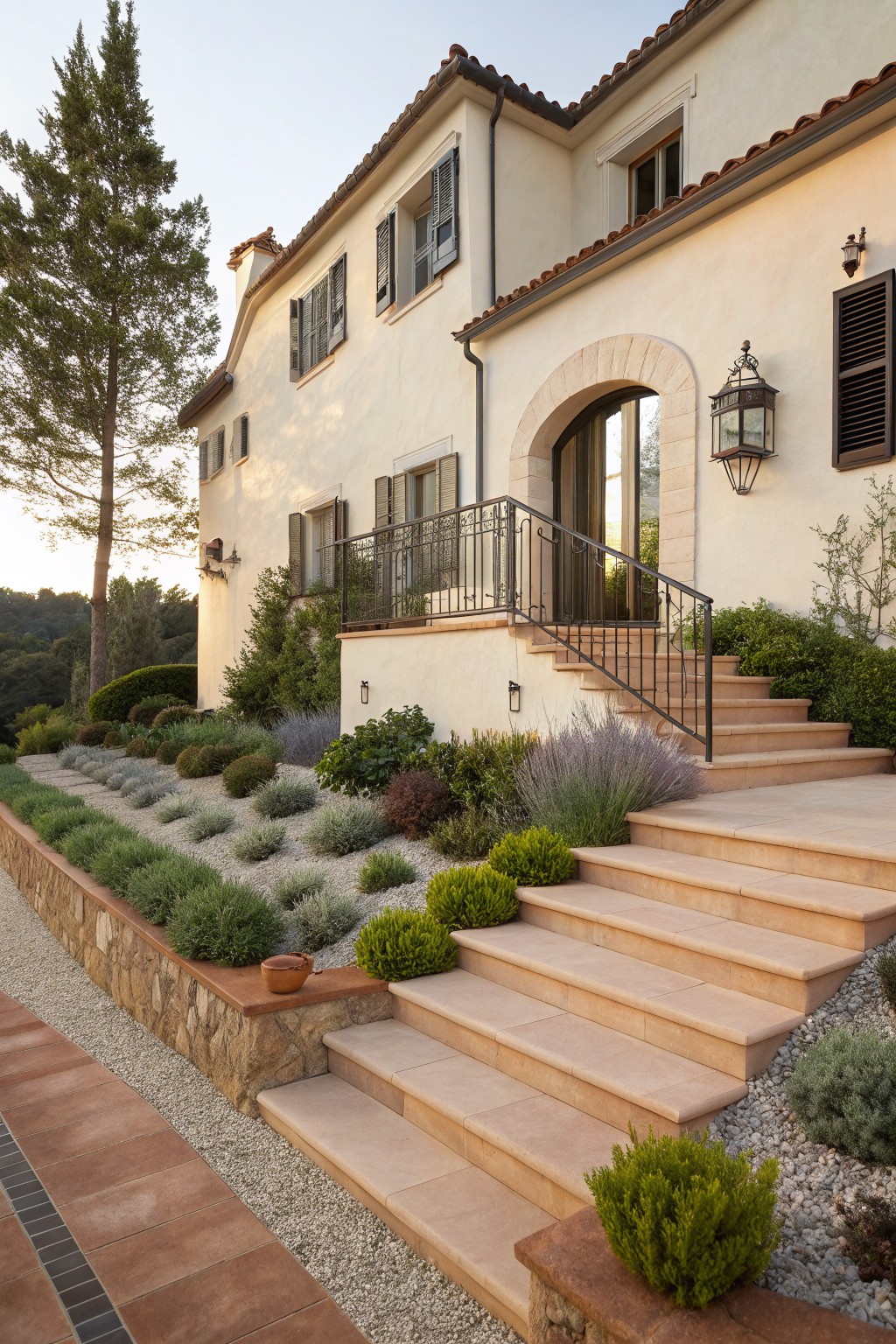 Beige stucco house with terracotta tile roof, arched stone entryway, wrought-iron-railed tan stone stairs, and gravel-mulched landscape beds planted with lavender and low shrubs along a terracotta-paver path.