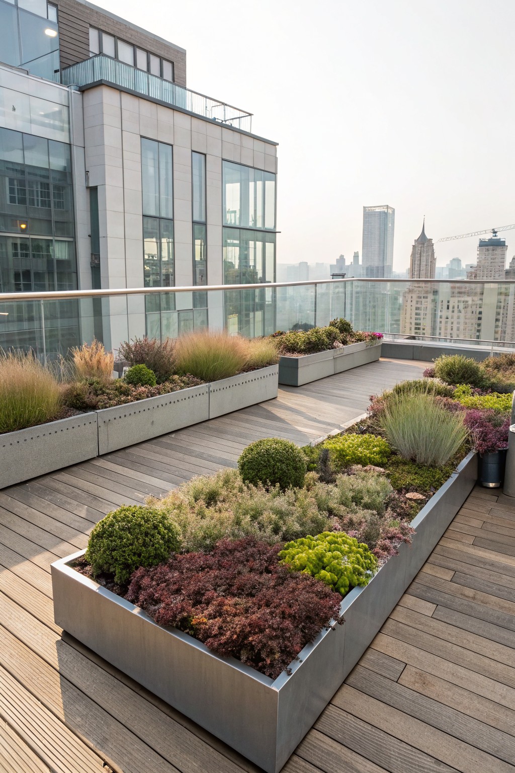 Rooftop terrace deck with light wood flooring, large rectangular metal planters filled with ornamental grasses, succulents, and low shrubs, glass railings, and city buildings in the background.