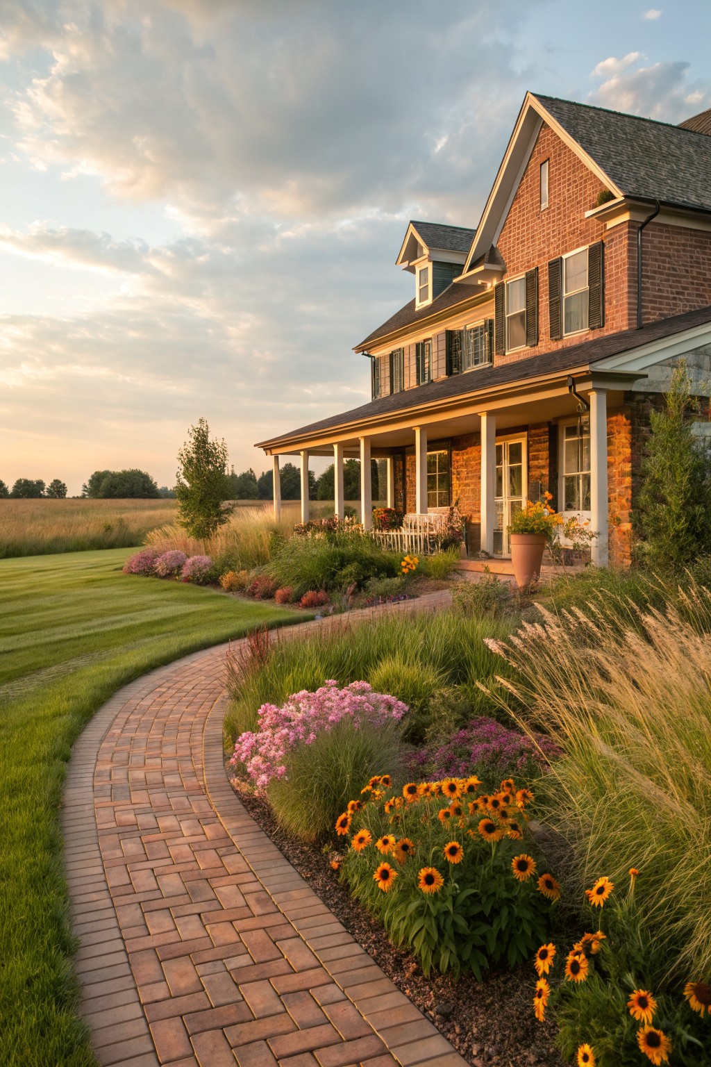 Curved brick pathway bordered by ornamental grasses, sunflowers, and pink flowering plants leading to a brick house with wraparound porch and landscaped yard.