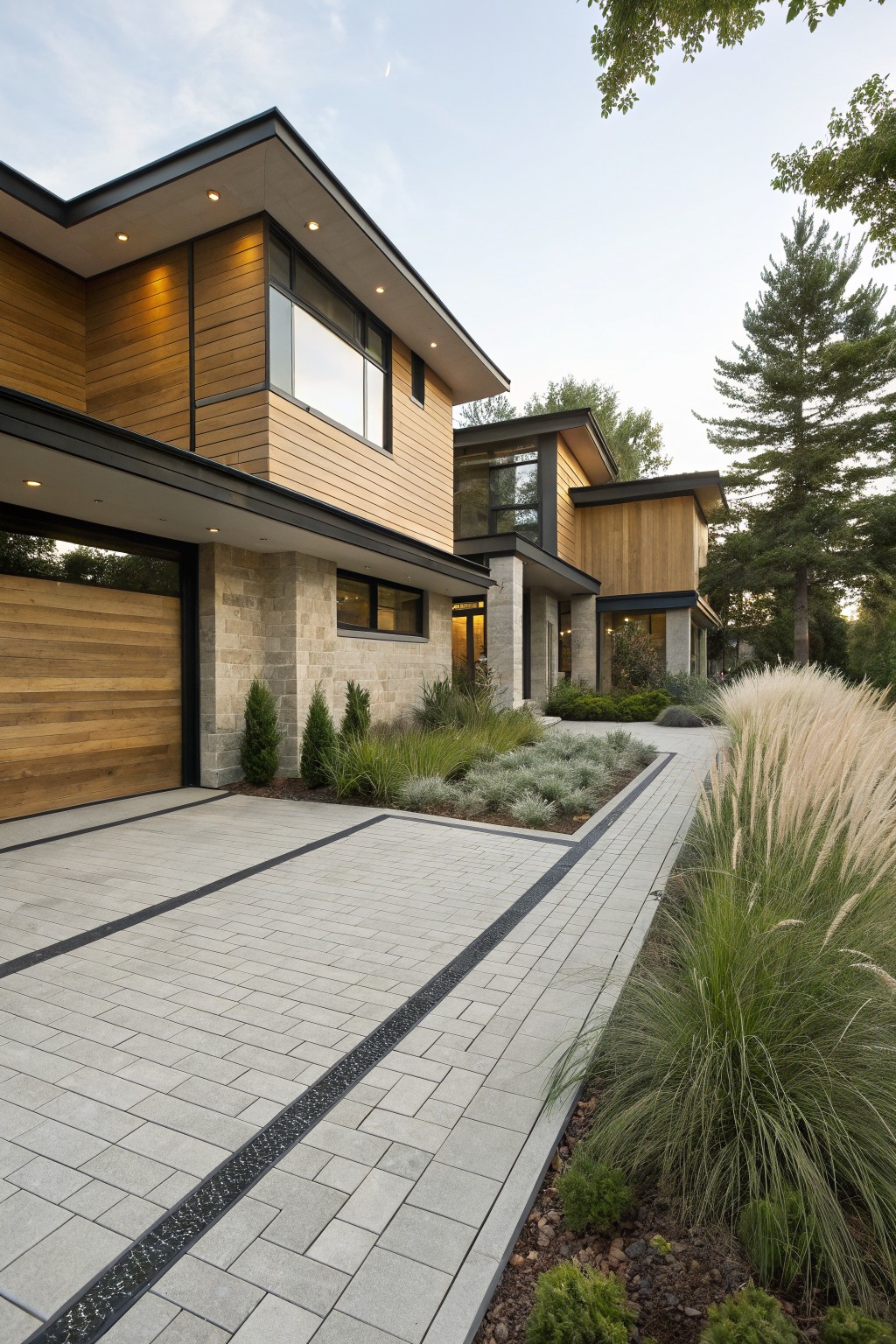 Gray paver driveway with central black drainage channel, bordered by tall feathery ornamental grasses, low shrubs, and wood-clad modern house garage.