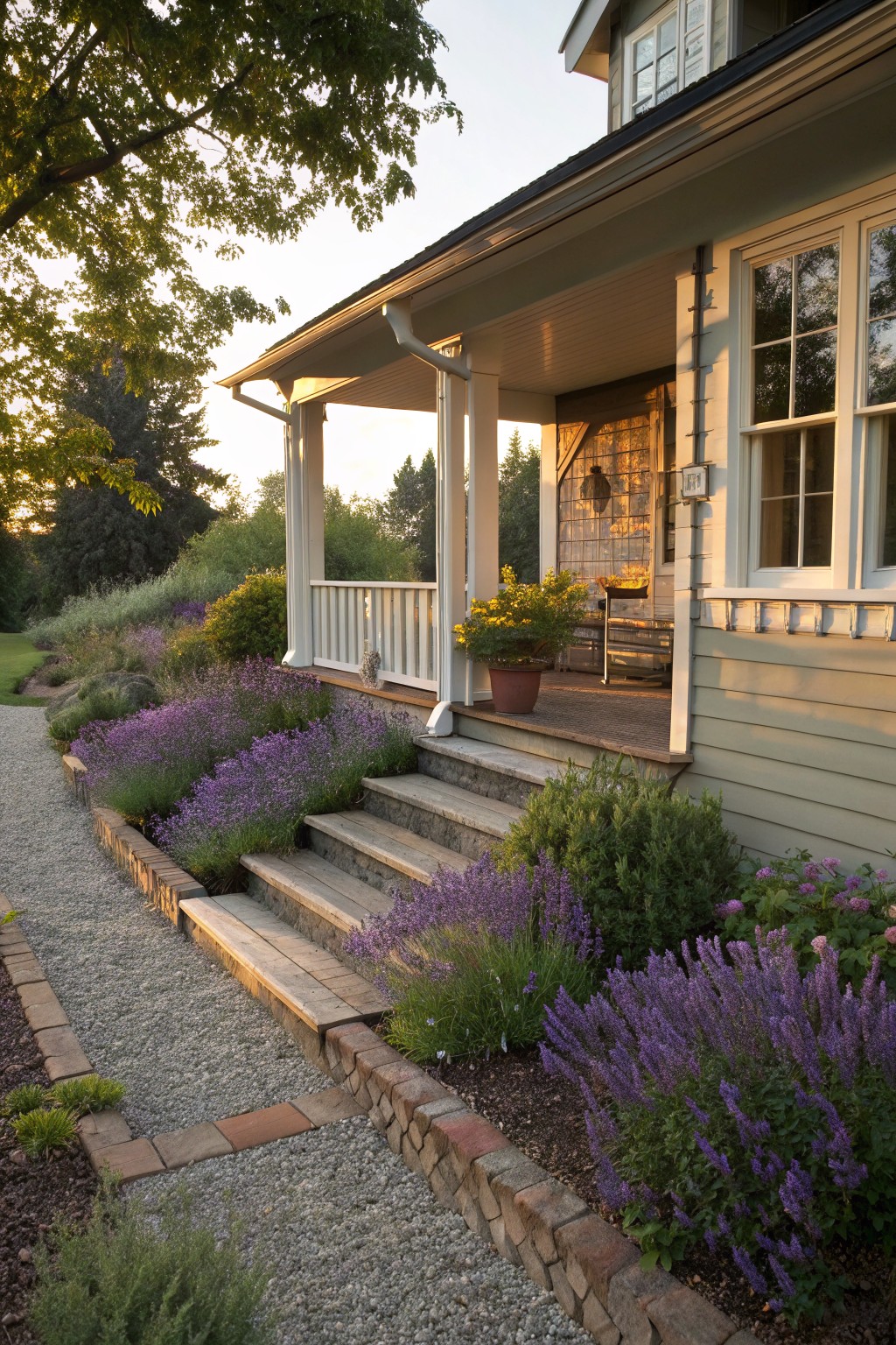 Sage green house with covered porch, white columns, stone steps leading from gravel path edged in brick and filled with beds of purple flowering shrubs and perennials.