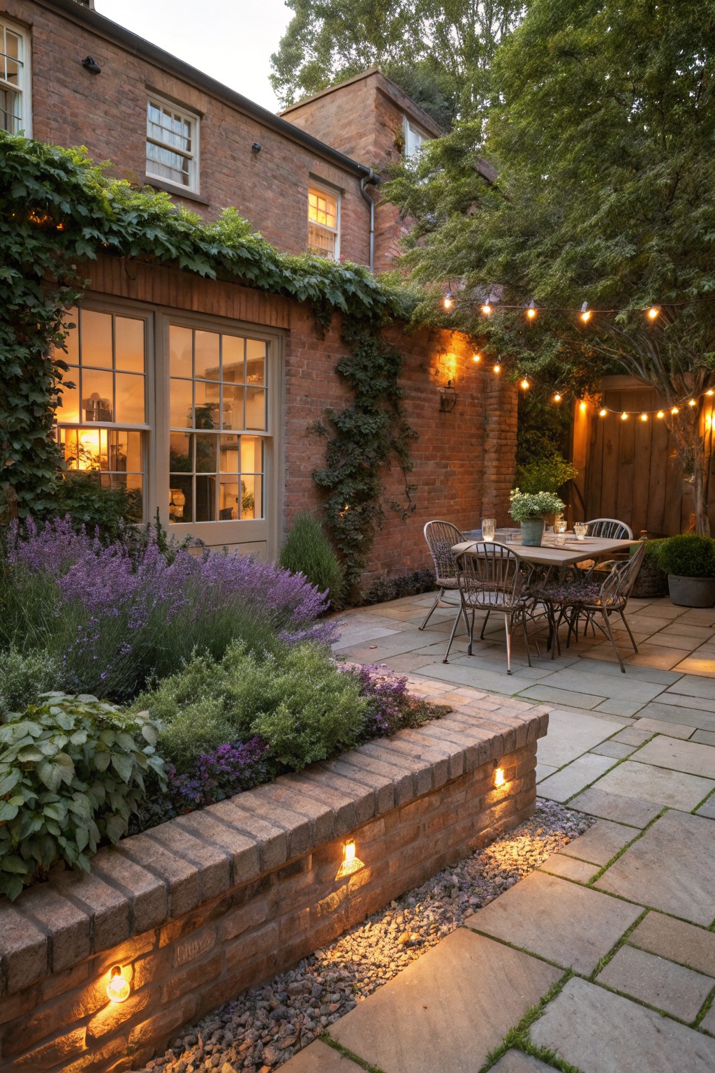Backyard patio area with wooden dining table and chairs on stone pavers, edged by low raised brick planters filled with lavender, green shrubs, and flowers, next to ivy-covered brick house walls with string lights overhead and wall lights.