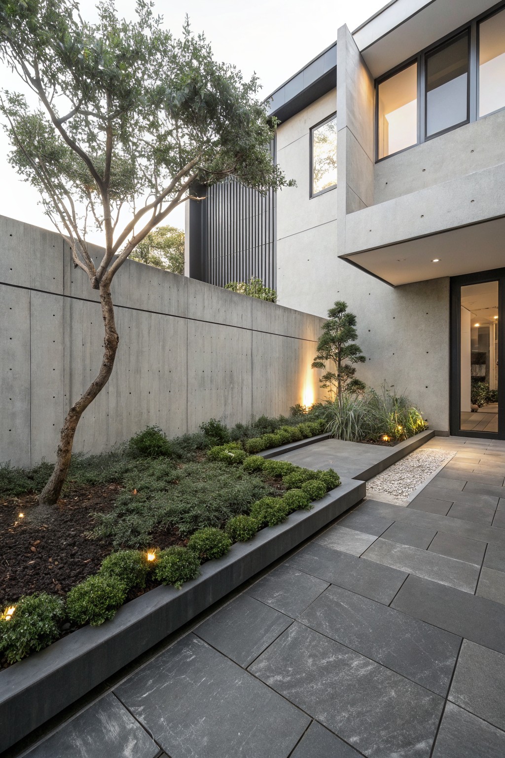 Modern house exterior with concrete walls and entryway, featuring raised concrete-bordered planting beds with boxwood shrubs, grasses, olive tree, pebble path, and ground lights.