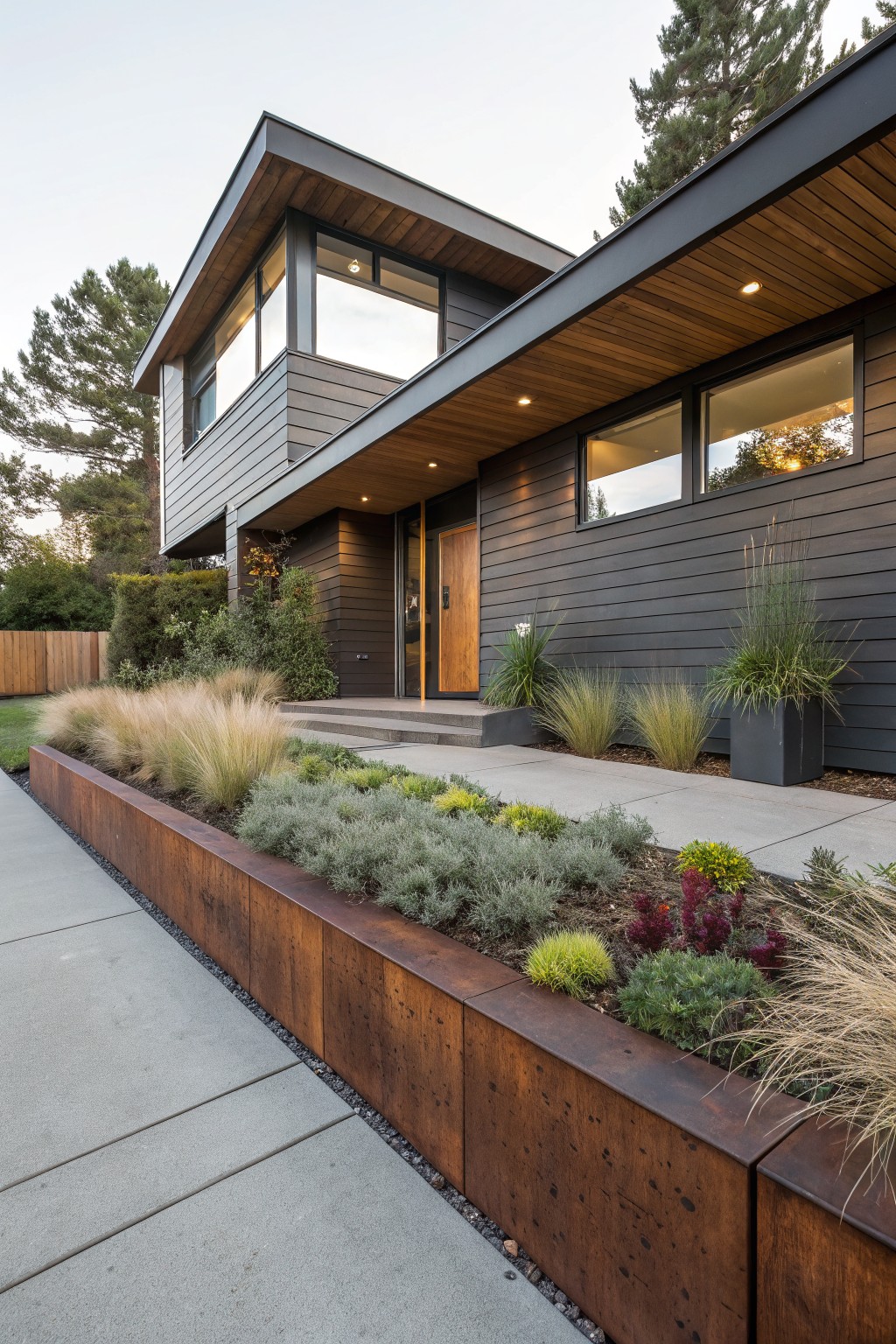 Exterior view of a modern dark gray house with wood accents and large windows, featuring a concrete walkway bordered by long raised corten steel planters filled with ornamental grasses, succulents, and groundcovers.