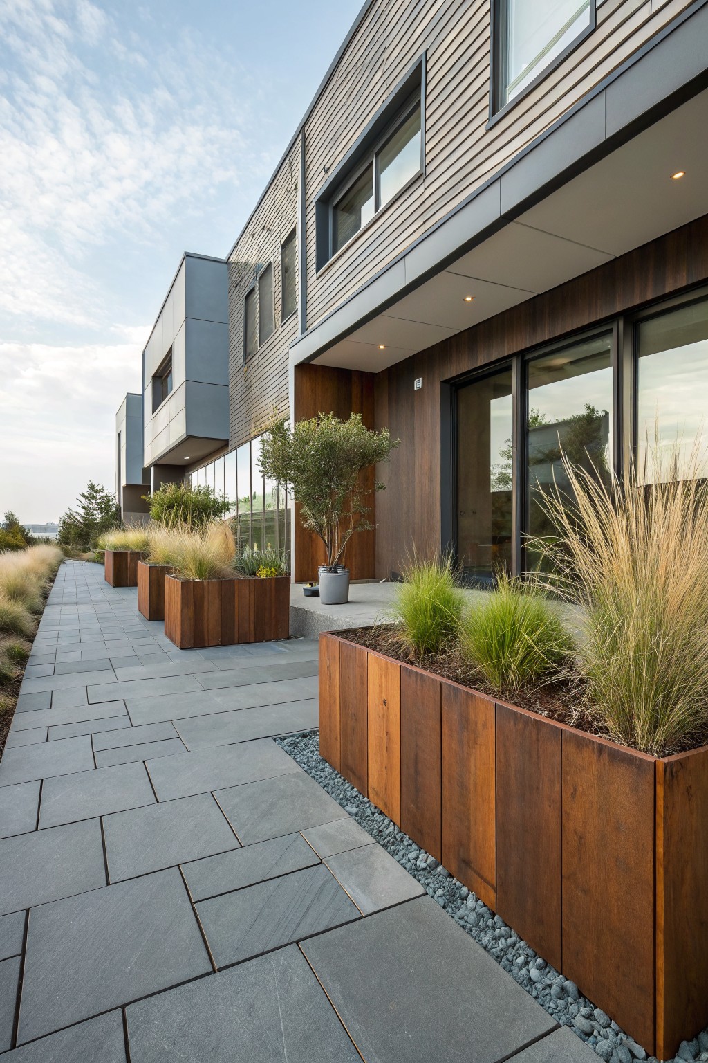 Gray slate stone pathway lined with rectangular reddish-brown wooden planters filled with tall ornamental grasses and low plants next to a modern wood and metal-clad house exterior.