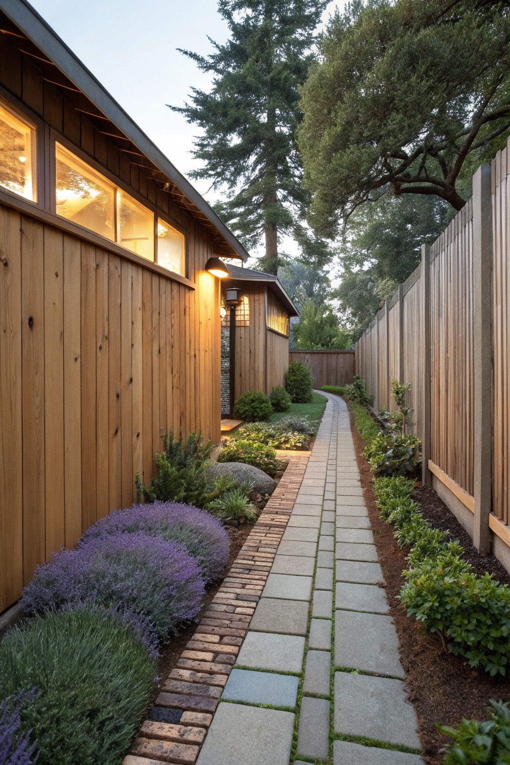 Wooden house wall beside a pathway of brick and concrete pavers edged with clusters of purple lavender bushes and low shrubs, backed by a wooden fence and trees.