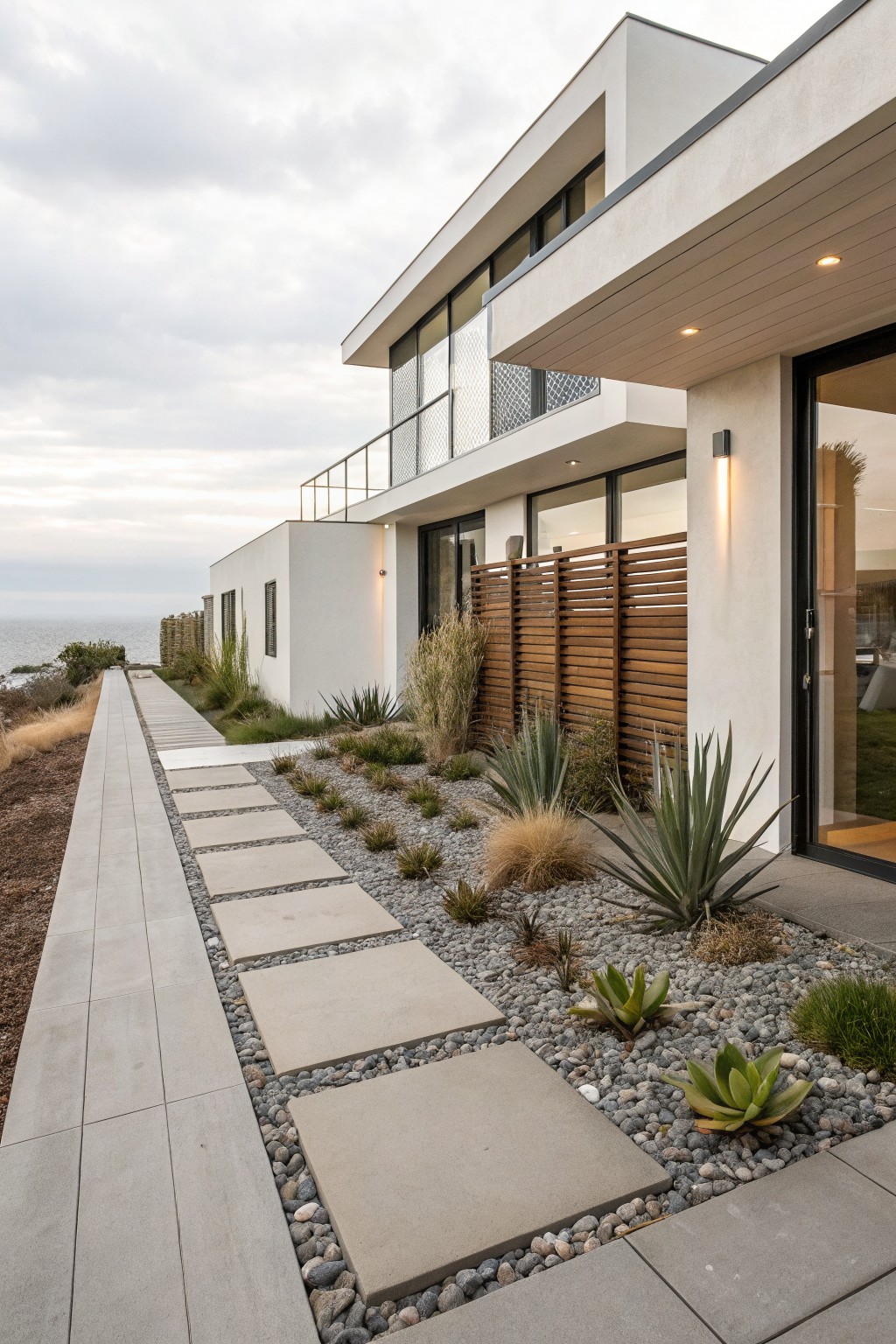 White modern house exterior featuring a pathway of large rectangular concrete stepping stones set into gravel beds planted with succulents including agaves and grasses, bordered by wooden slat screens and drought-tolerant landscaping near the ocean.
