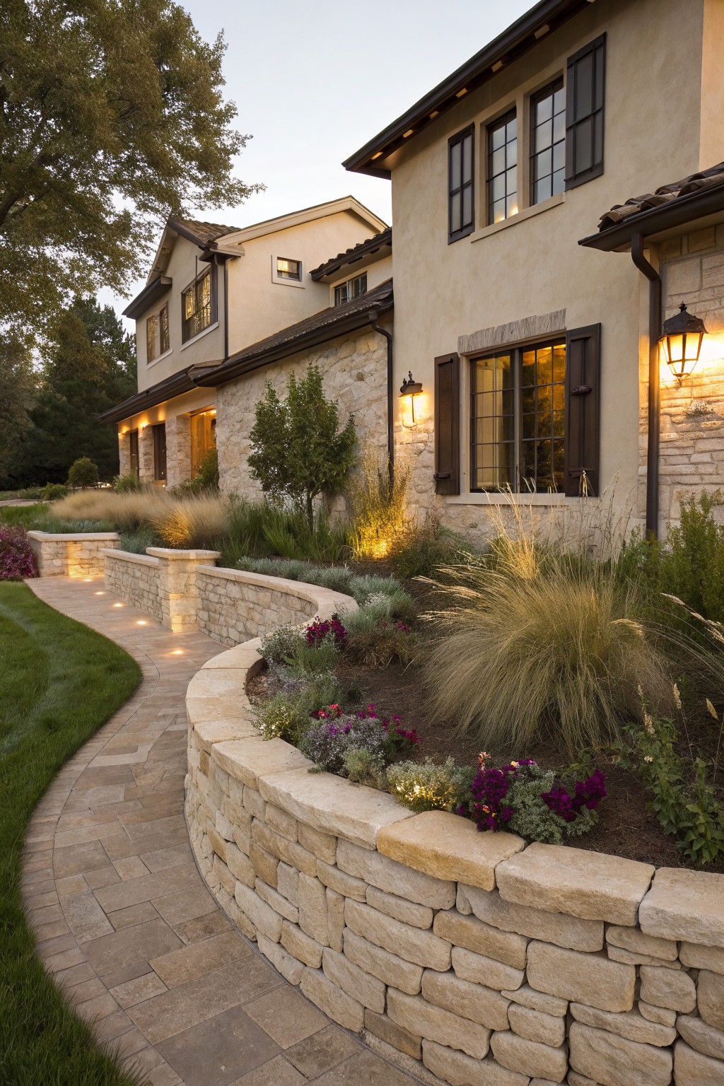 Curved low beige stone retaining wall borders a flower bed planted with ornamental grasses, colorful flowers, and low shrubs along a winding lighted paver pathway next to a stucco and stone house exterior.