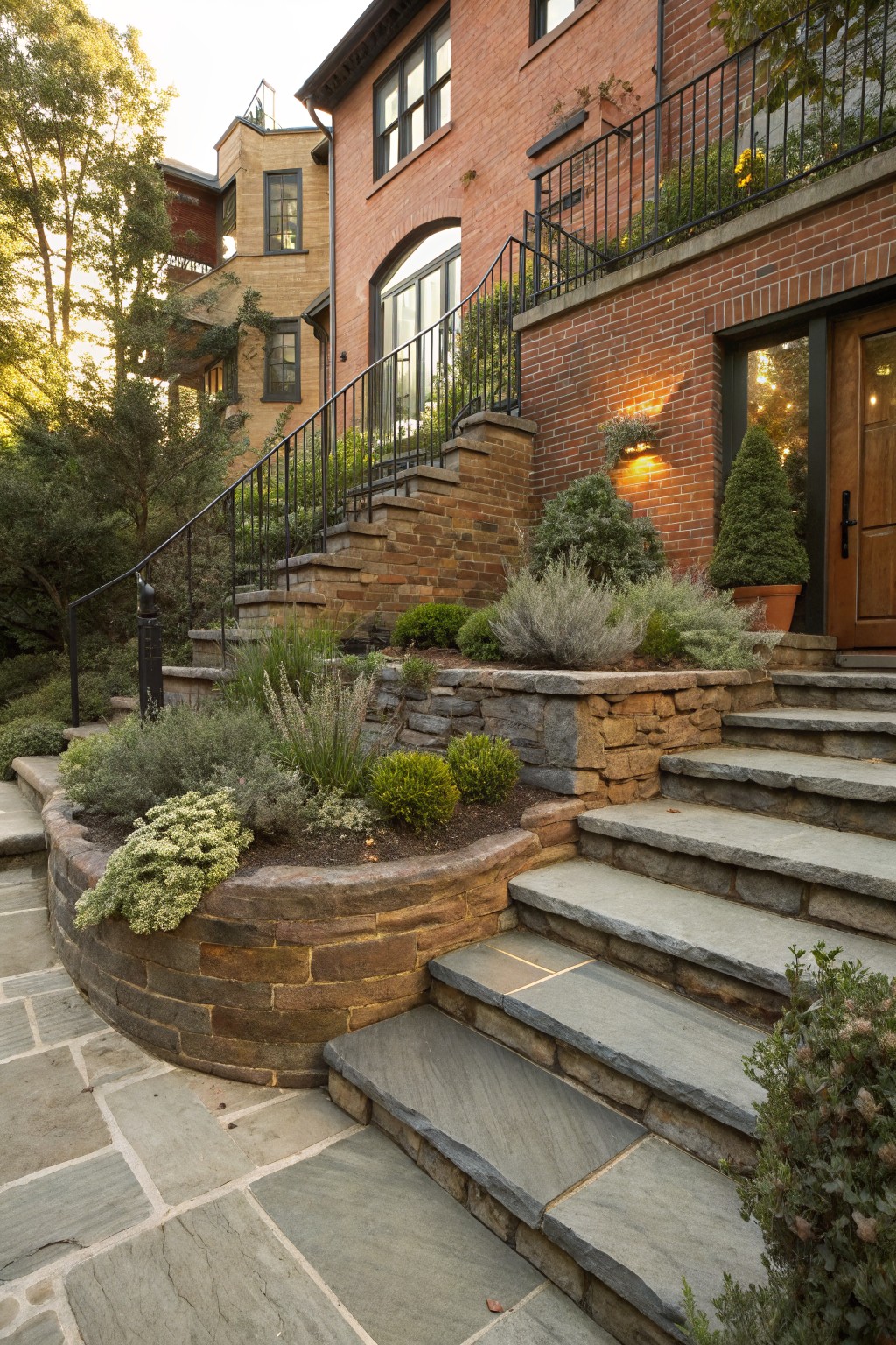 Slate stone steps ascending to a front door on a brick house, flanked by curved sandstone retaining walls planted with shrubs, lavender, and other perennials.