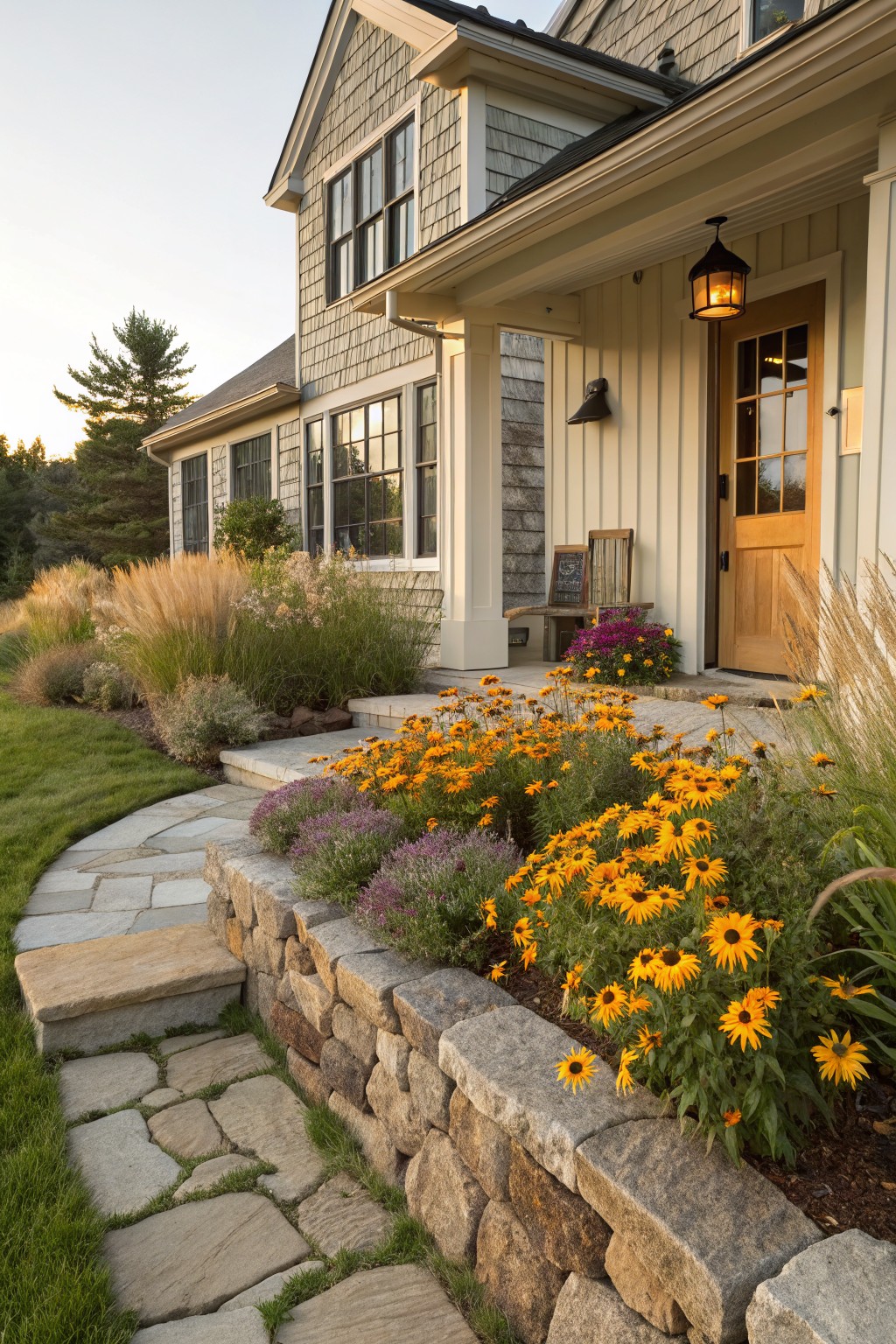 Home exterior showing a porch entry with stone steps and curved flagstone path bordered by low stone walls planted with tall golden ornamental grasses, purple shrubs, and orange-black daisy flowers.