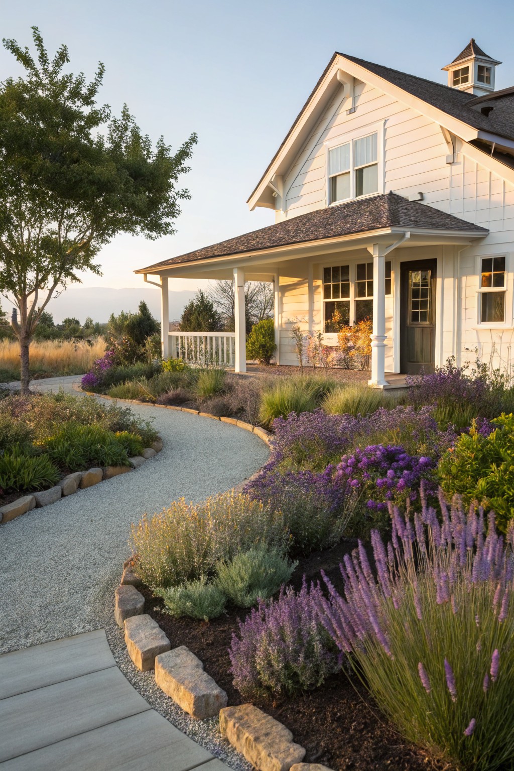 White clapboard house with wraparound porch and dark wood door, fronted by a curved gravel pathway edged in stone blocks and bordered by lavender and ornamental grasses.