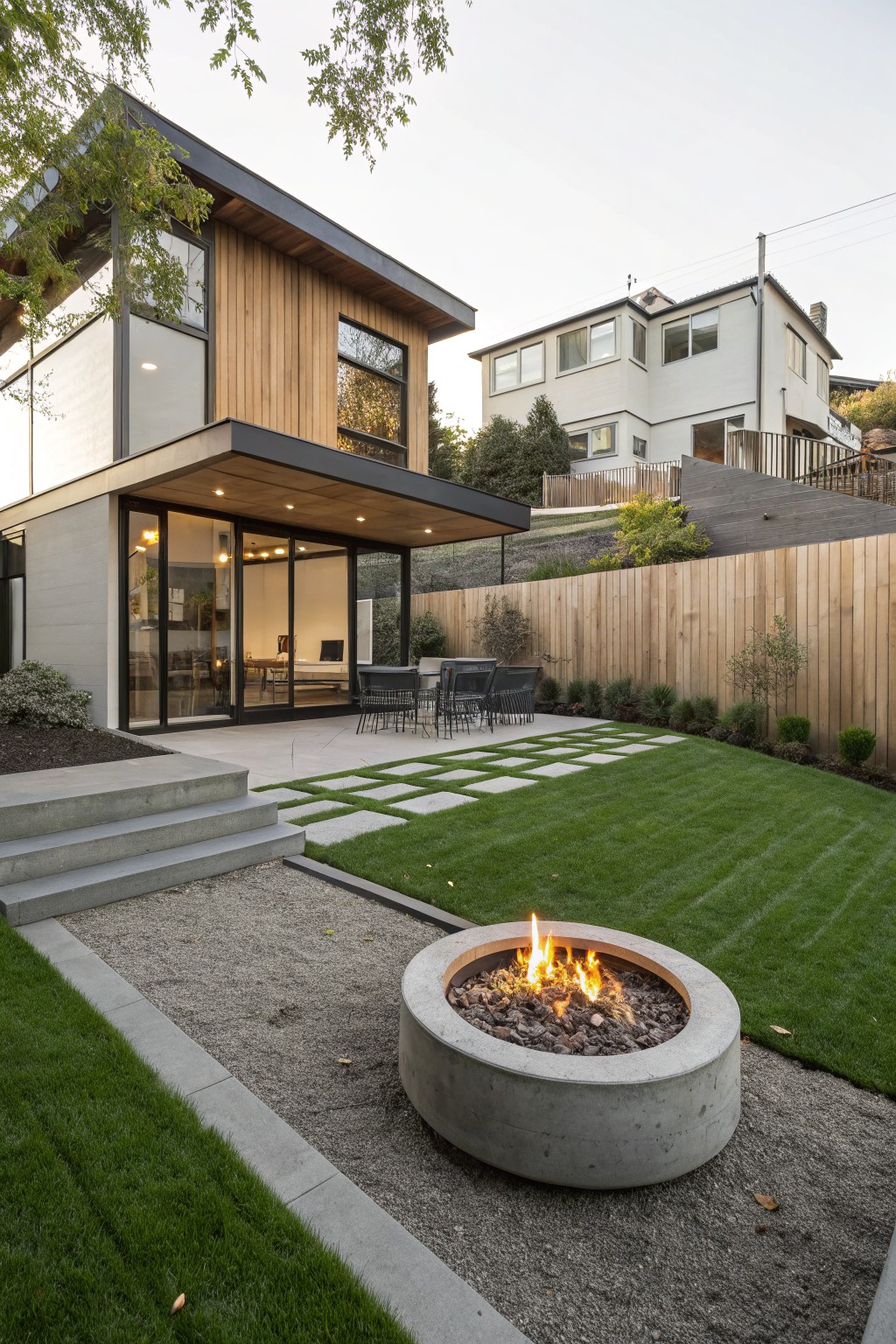 Modern house exterior with cedar siding and large glass doors opening to concrete patio steps, leading to manicured green lawn edged by gravel paths and featuring a central concrete fire pit with flames.
