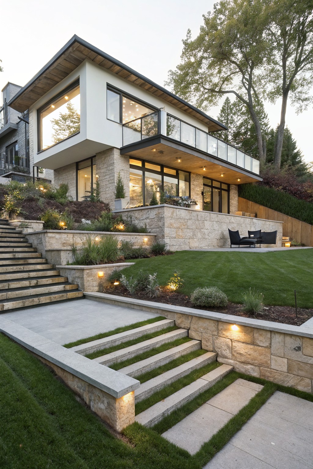 Modern house on a sloped lot featuring stone retaining walls, concrete steps, green lawn patches, pathway lighting, and landscaped plantings.