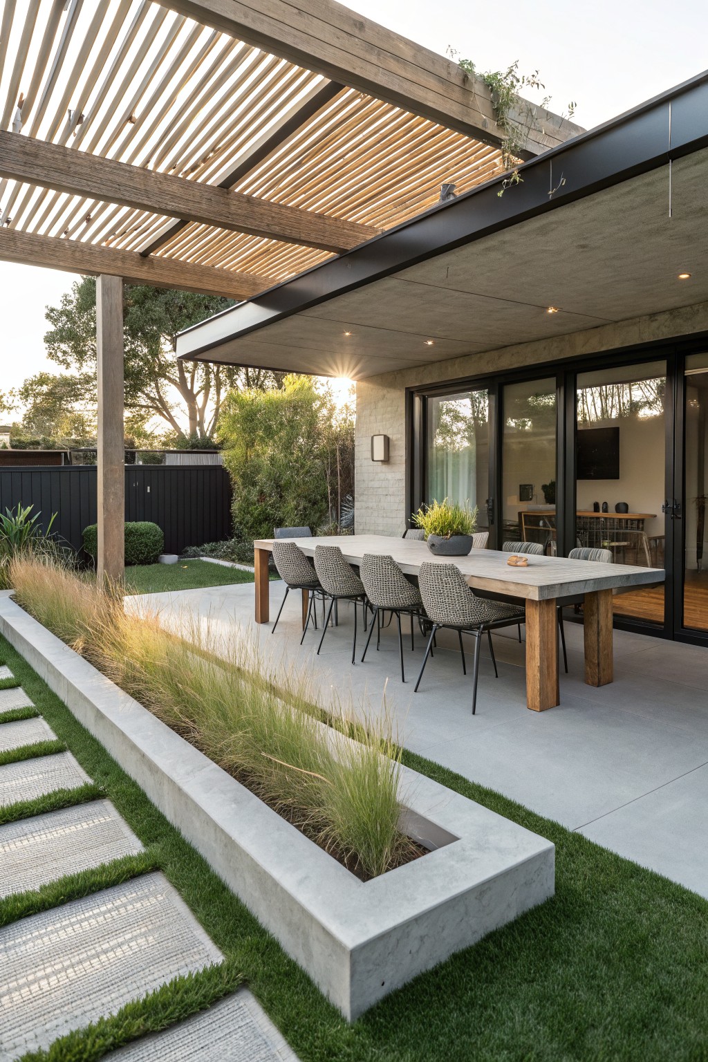 Modern backyard patio featuring a wooden slatted pergola, large glass sliding doors on a house, long wooden dining table with chairs, concrete planters filled with tall grasses, stepping stone path, and narrow strips of artificial grass along edges.