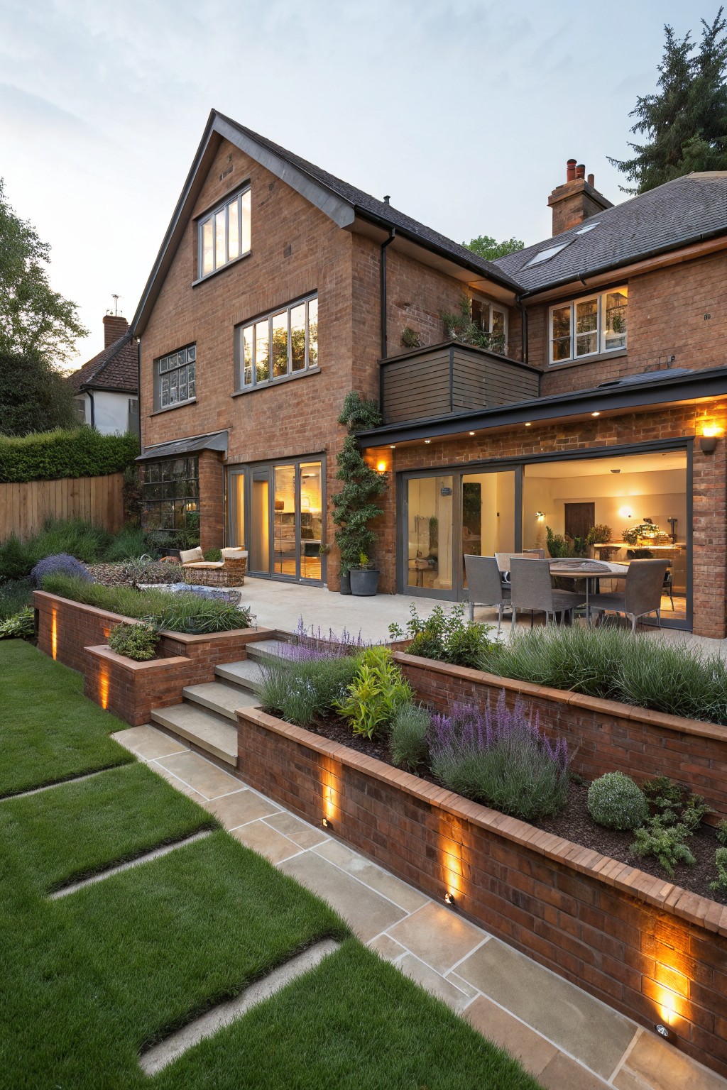 Brick house exterior with backyard showing artificial grass in rectangular strips separated by light stone paths, raised brick planters filled with lavender and grasses, and a patio area with glass doors and outdoor seating.