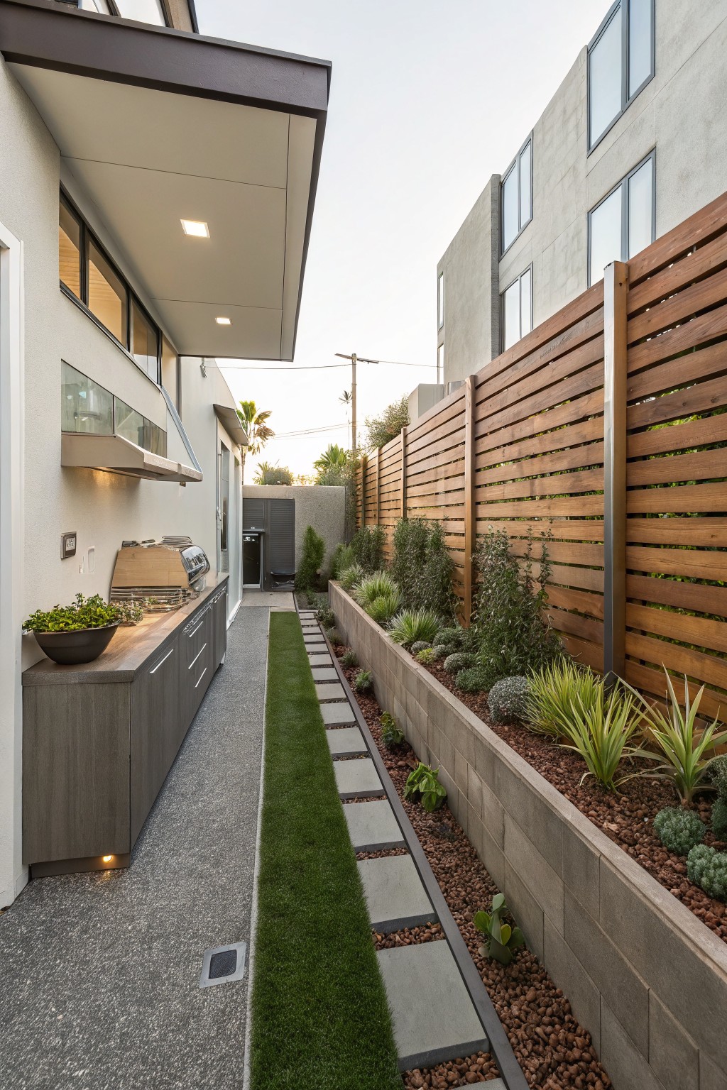 Narrow outdoor pathway of artificial grass between house wall and raised concrete planters with succulents and agave plants, next to wooden fence and built-in BBQ kitchen area.