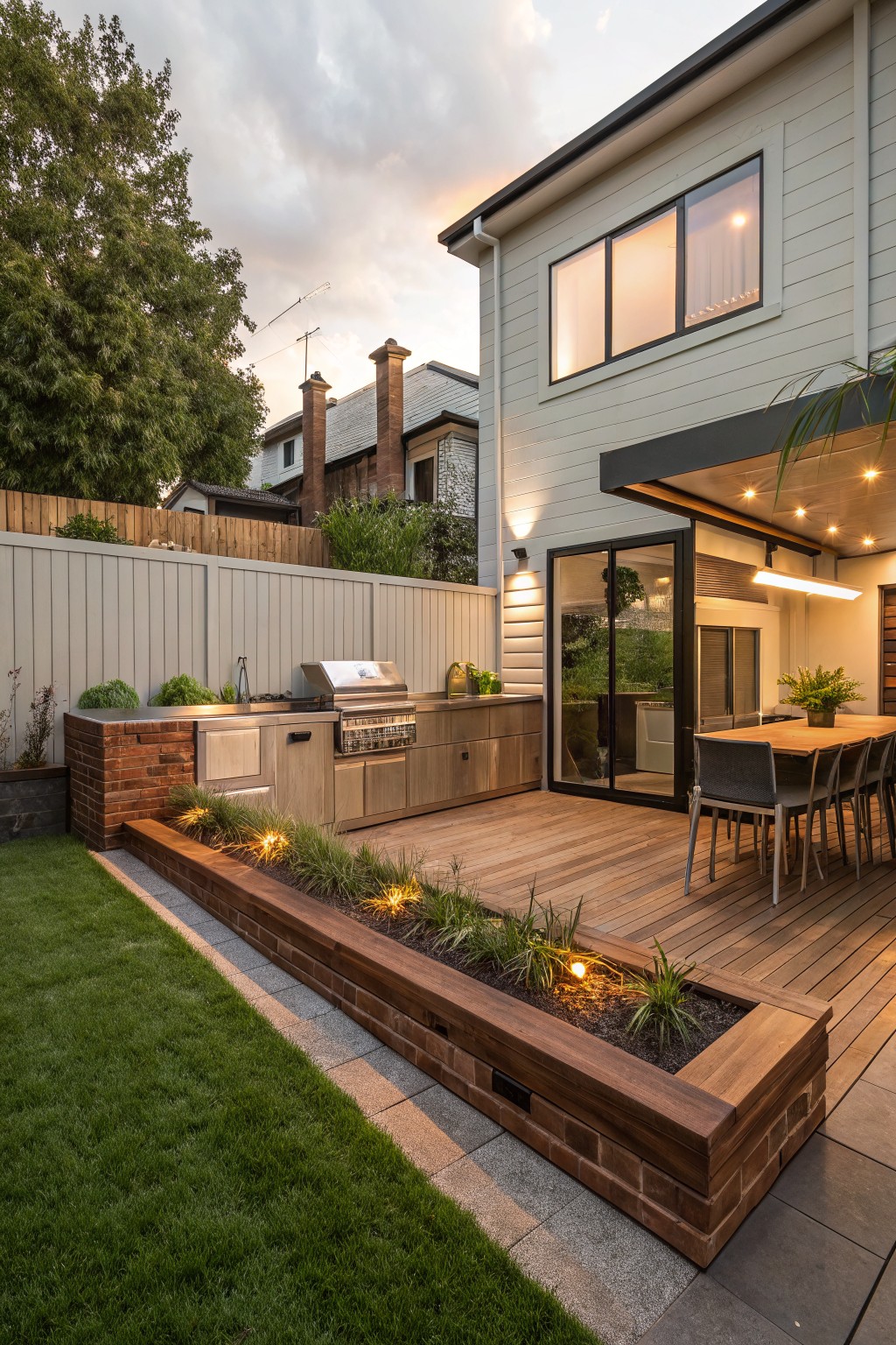 Side view of modern backyard with wooden deck featuring built-in barbecue kitchen and dining table, glass sliding doors from house, brick raised planters with plants and lighting along adjacent green grass lawn.