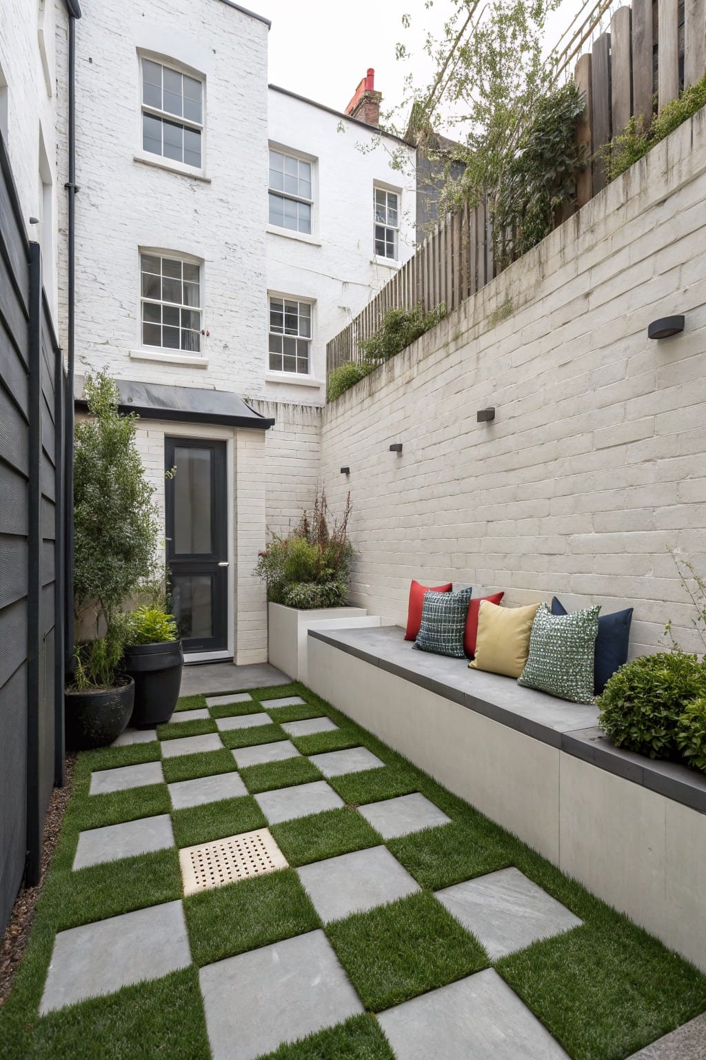 Narrow backyard patio with checkered flooring of green artificial grass squares alternating with gray stone slabs, white brick walls, built-in bench with colorful cushions, black entry door, potted plants, and wall lights.