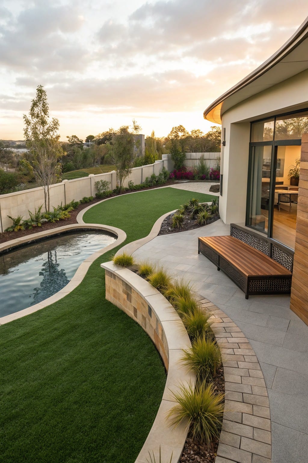 Modern backyard with curved artificial grass lawns bordered by stone walls, a curved pool, paver walkways, low plantings, and a bench next to the house's glass doors.