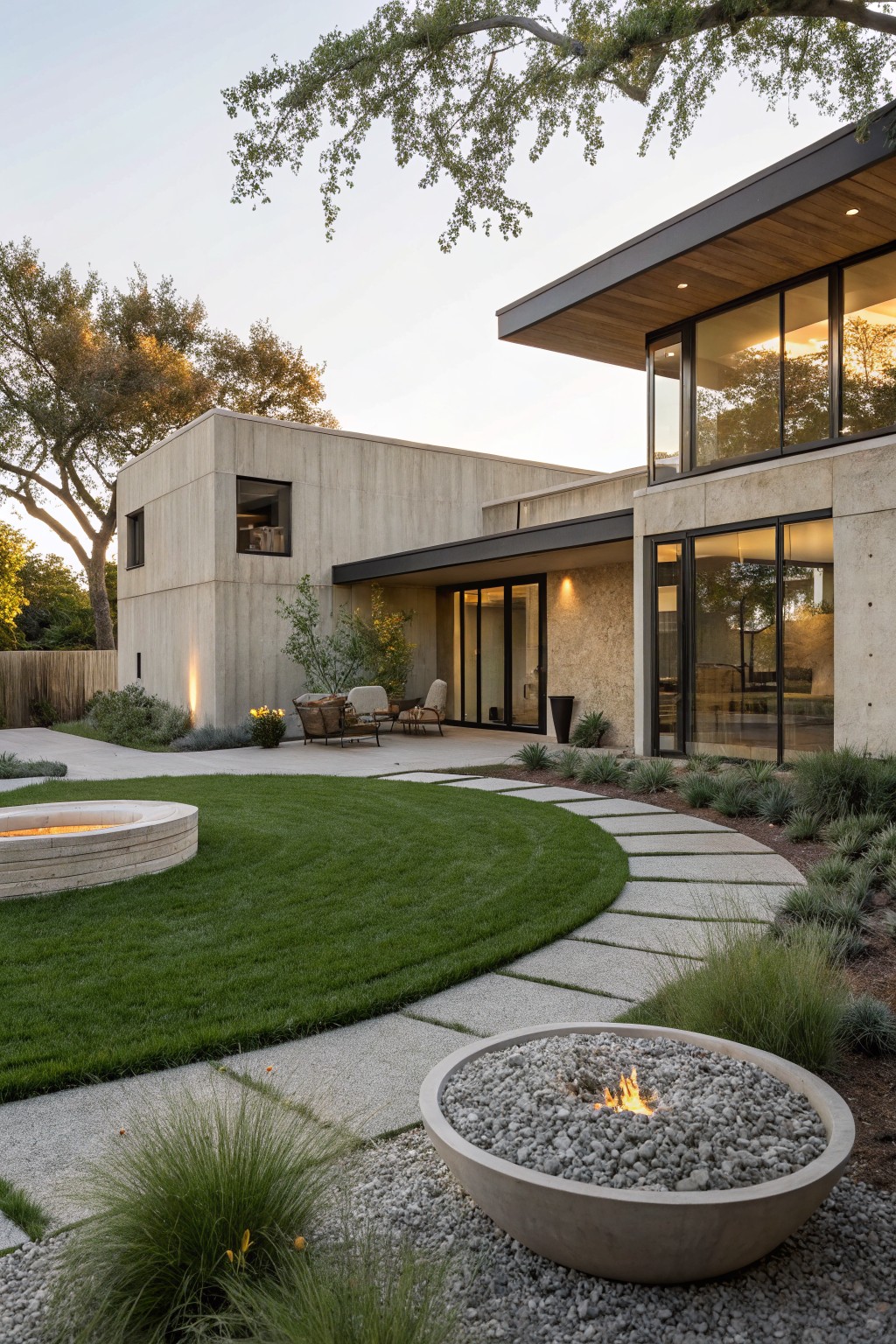 Modern concrete and glass house exterior with curved concrete paver pathway winding through green lawn to glass entry doors, outdoor chairs, stone fire pit, and grasses.
