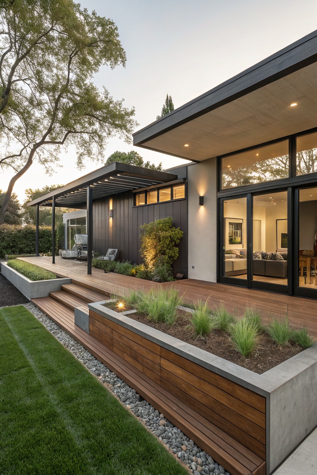 Backyard view of a modern single-story home with dark siding and large glass sliding doors opening onto a light wood deck, steps leading down to a lawn edged by a wood and concrete raised planter filled with grasses, adjacent to a grassy yard and trees.