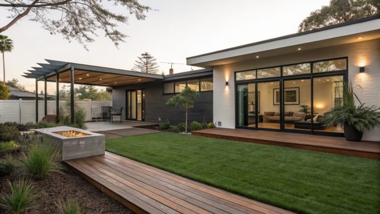 Backyard view of a modern single-story home with dark siding and large glass sliding doors opening onto a light wood deck, steps leading down to a lawn edged by a wood and concrete raised planter filled with grasses, adjacent to a grassy yard and trees.