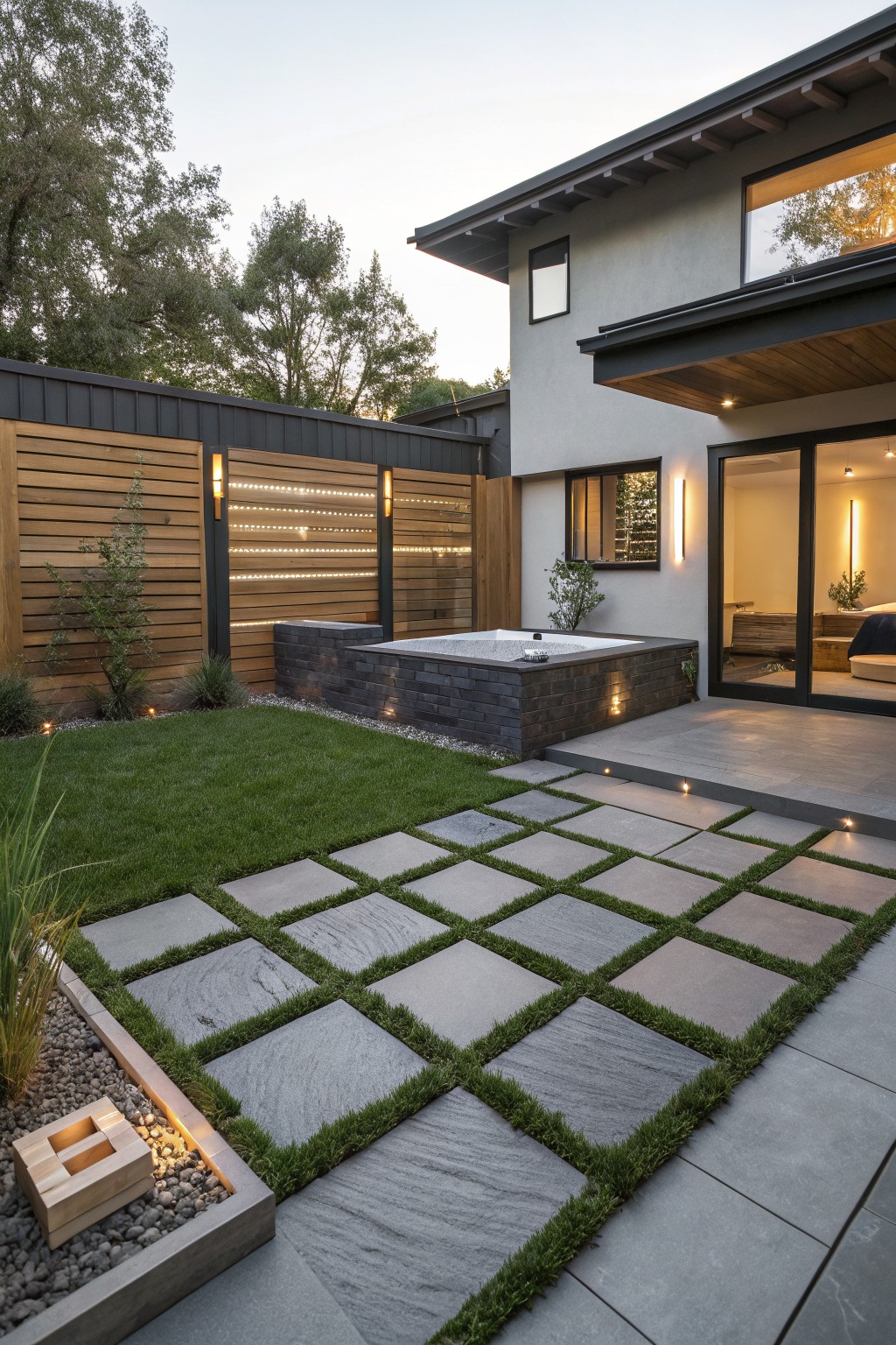 Modern backyard with large rectangular gray pavers arranged in a grid pattern separated by thin strips of grass, adjacent to a house with a hot tub enclosure and slatted wooden fence.