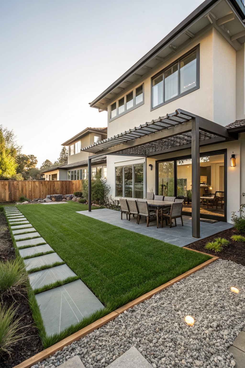 Modern two-story house exterior with beige stucco walls, large glass doors, pergola-covered patio with dining table and chairs, wide concrete stepping stones set into green grass lawn, gravel borders, and pathway lighting.