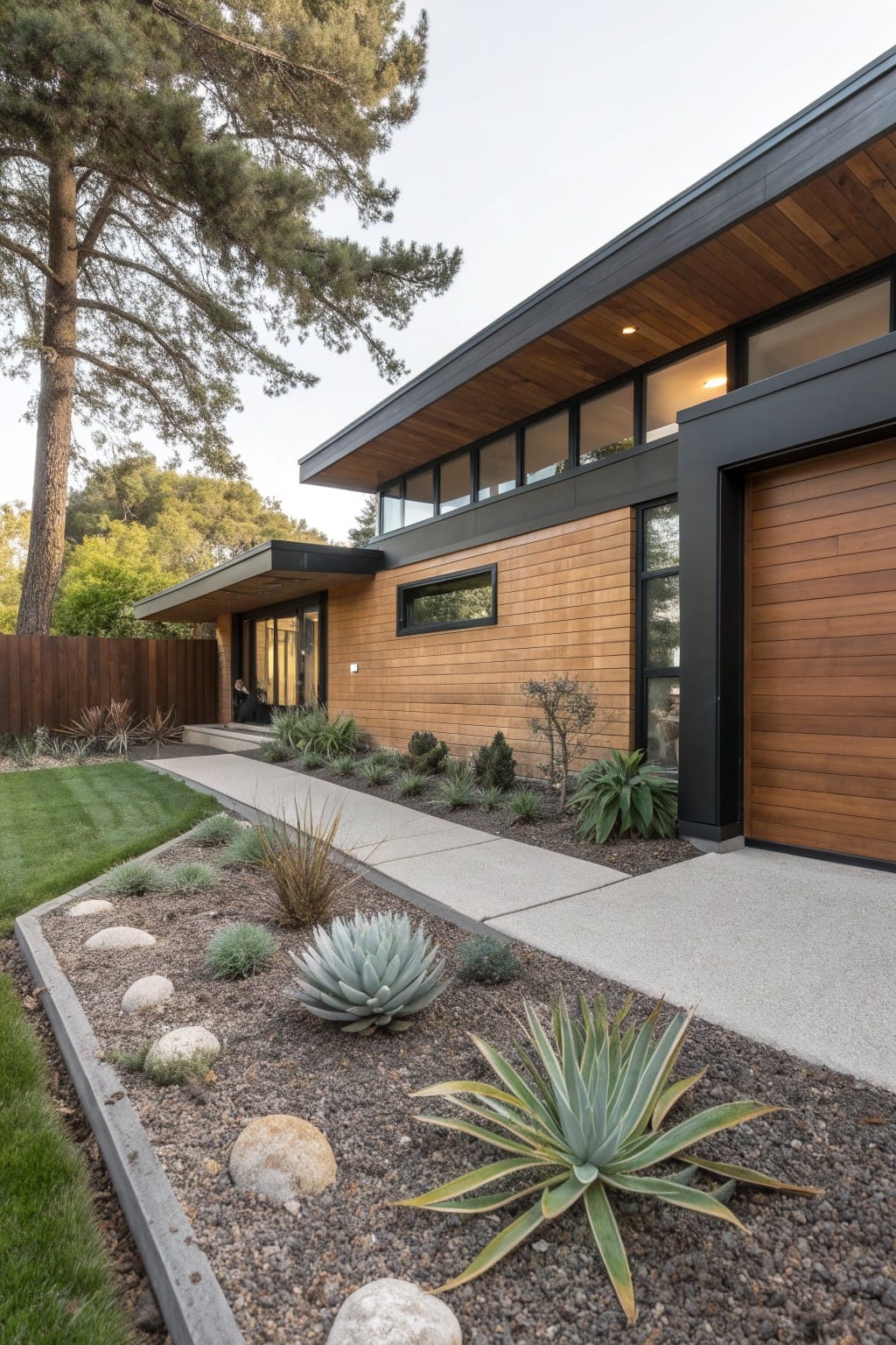 Modern wood-clad house exterior featuring a concrete walkway bordered by a raised gravel garden bed with agave plants, grasses, rocks, and succulents.