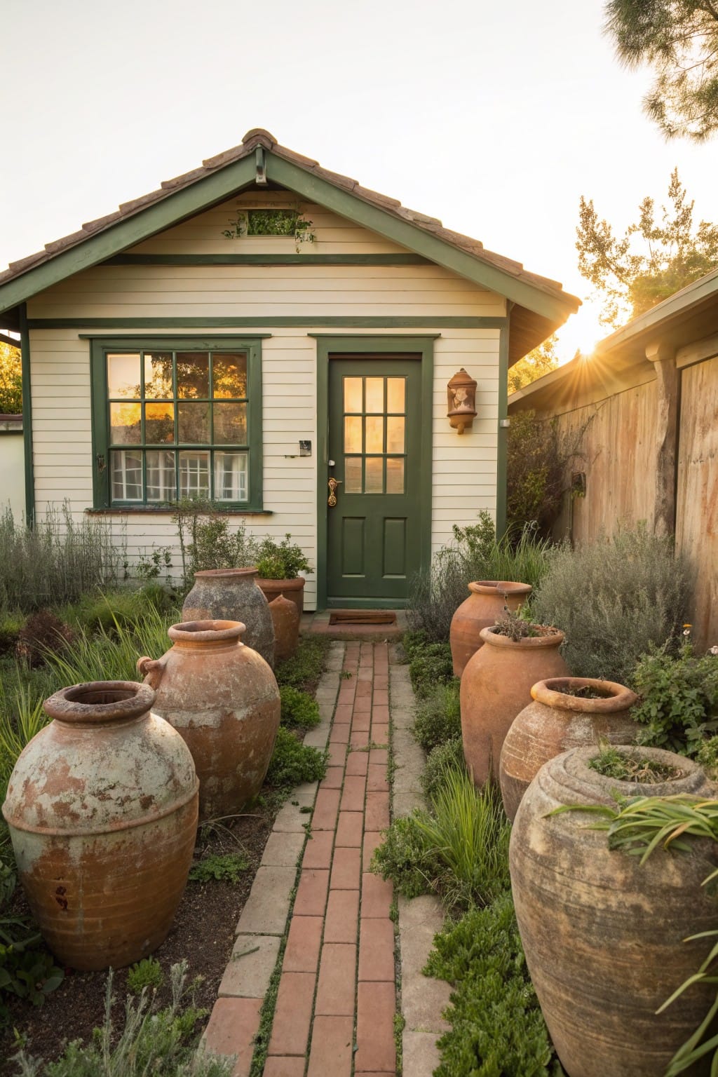 Small cream-colored house with green door and window frames, brick path leading to the door lined with multiple large weathered terracotta pots containing plants, surrounded by garden greenery and a wooden fence at sunset.