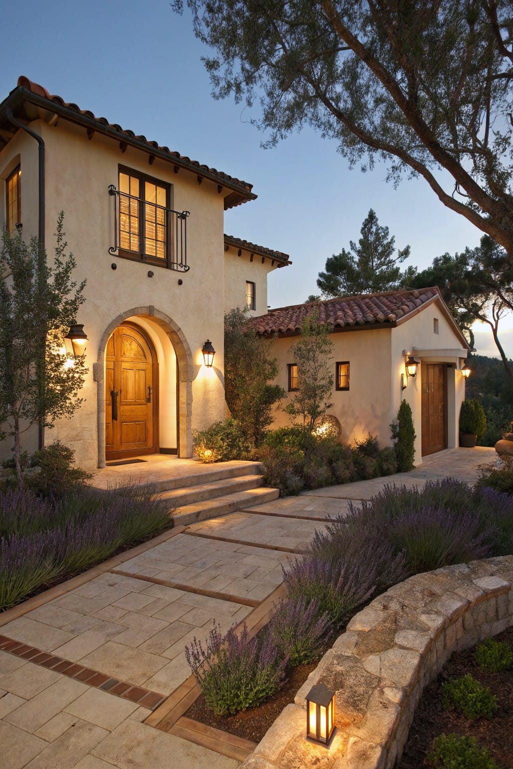 Elegant two-story Mediterranean-style home with arched door, stone pathway, and lush lavender garden.
