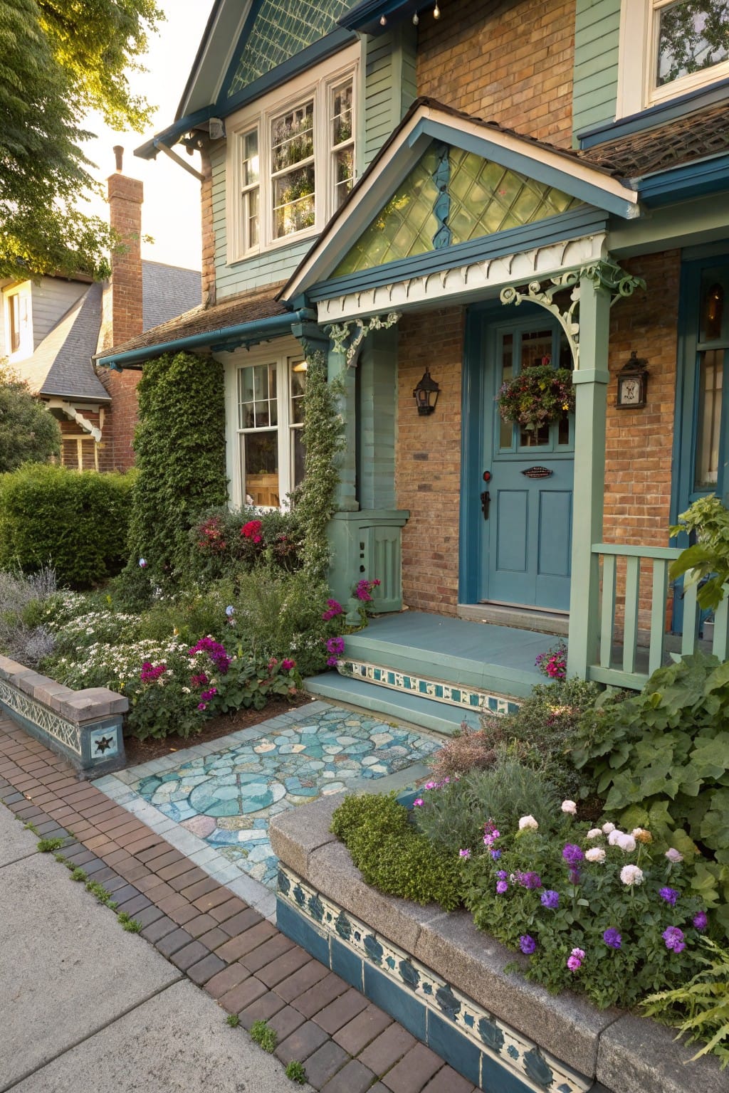 Craftsman-style house exterior with teal siding, brick walls, blue front door on a porch, surrounded by flower gardens in raised stone beds edged with blue mosaic tiles on a tiled pathway and steps.