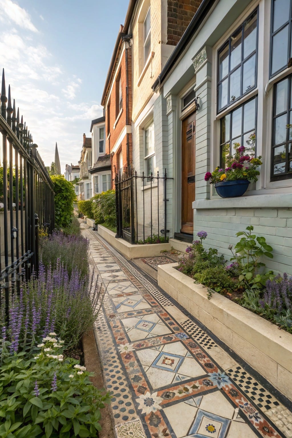 Narrow front pathway of intricate colorful mosaic tiles bordered by lavender plants and a raised stone planter next to a pale green house with a wooden door and wrought iron fence.