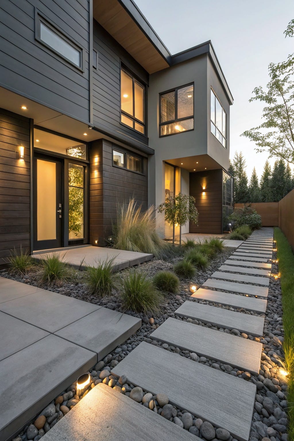 Modern house façade with a lit pathway, decorative plants, and stone accents.